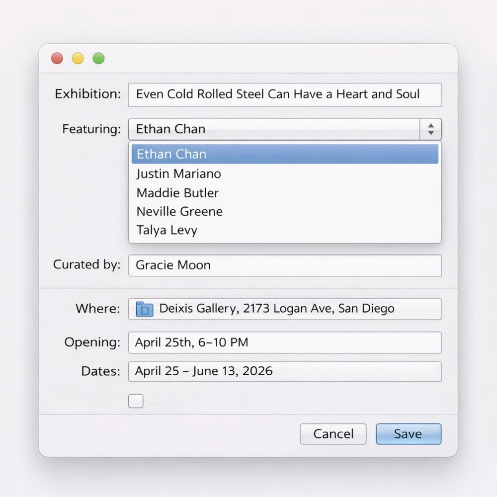 A new group exhibition at Deixis Gallery, guest curated by Gracie Moon &mdash; &ldquo;Even Cold Rolled Steel Can Have a Heart and Soul&rdquo; &mdash; opens this Saturday, April 25th from 6&ndash;10 PM iA.

We are among the first generations to have o