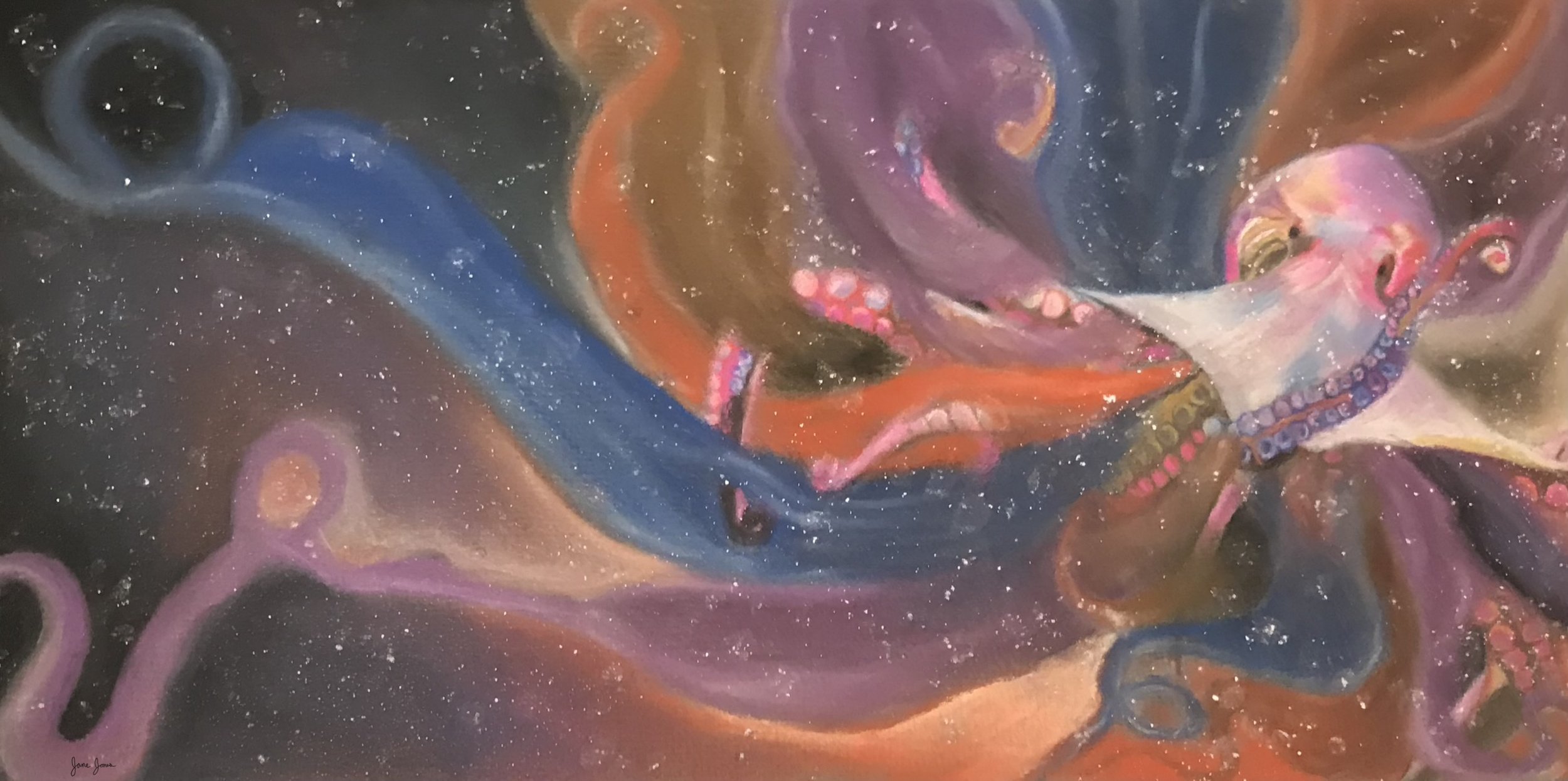 Magical multicolor octopus in outer space with long colorful, orange, purple, brown, and blue trails of ink flowing out of it. Tiny white stars speckle the entire artwork. This octopus roams the universe, creating new galaxies from its ink.