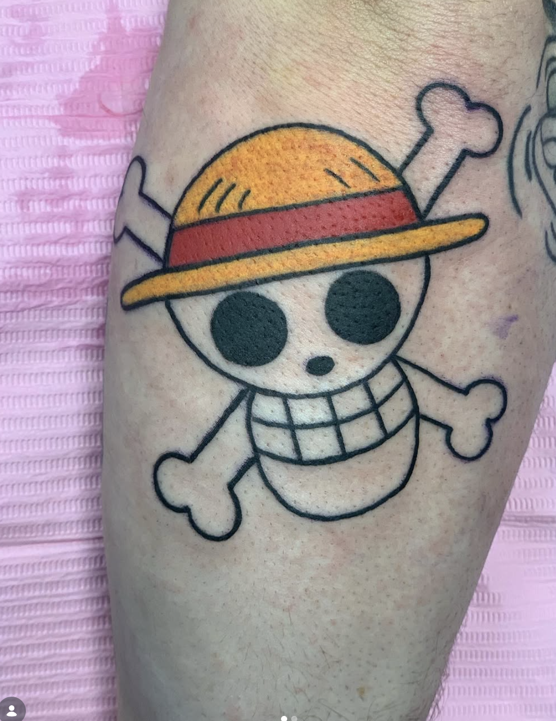 A tattoo of a skull wearing a red and yellow straw hat, with crossed bones in the background.