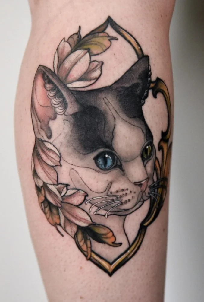 Tattoo of a cat with blue eyes, surrounded by leaves and a flower, in an artistic style with black lines and color details.