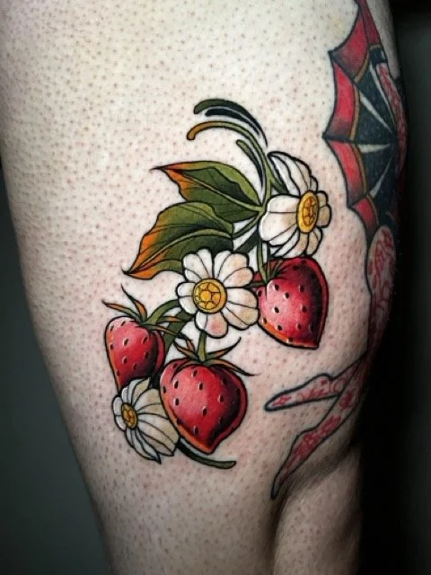 Tattoo of strawberries, white flowers with yellow centers, and green leaves on a person's skin.
