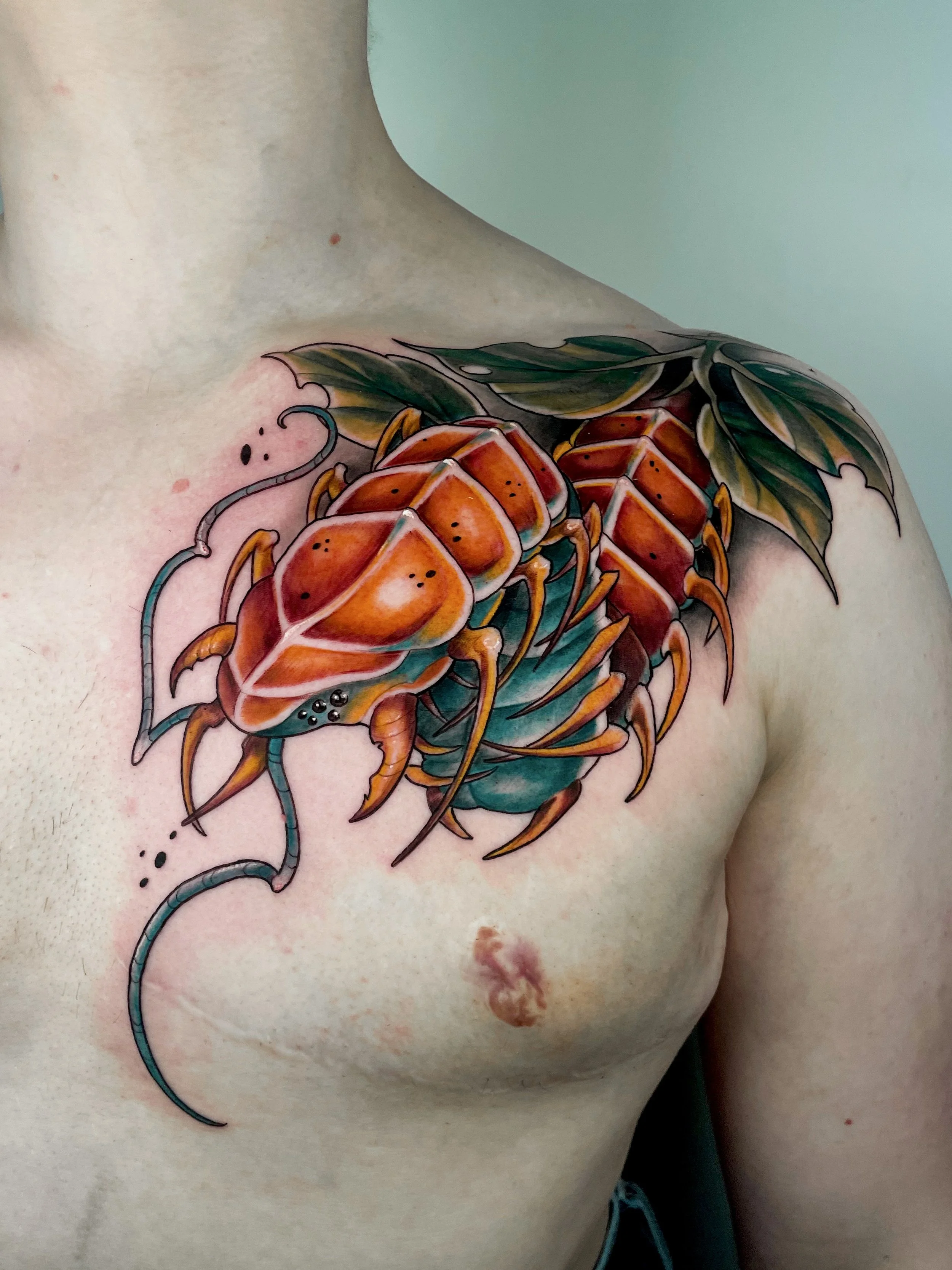 Tatouage d'un écrevisse coloré sur la poitrine d'une personne.
