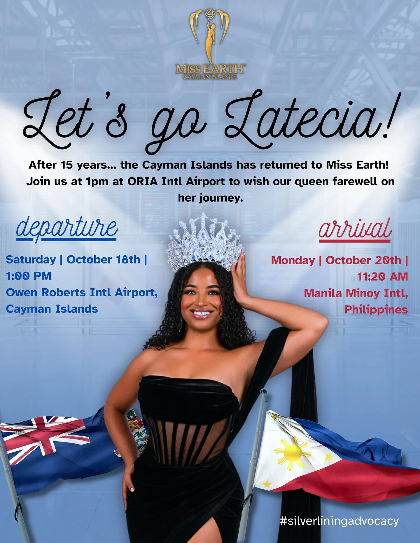 The countdown is on! Join our queen as she makes HISTORY for the Cayman Islands, as the first Caymanian to attend @missearth in 15 YEARS 🌏🇰🇾💚

We will be at the Owen Roberts Intl Airport (ORIA) at 1pm, Saturday Oct 18th to wish our queen farewell