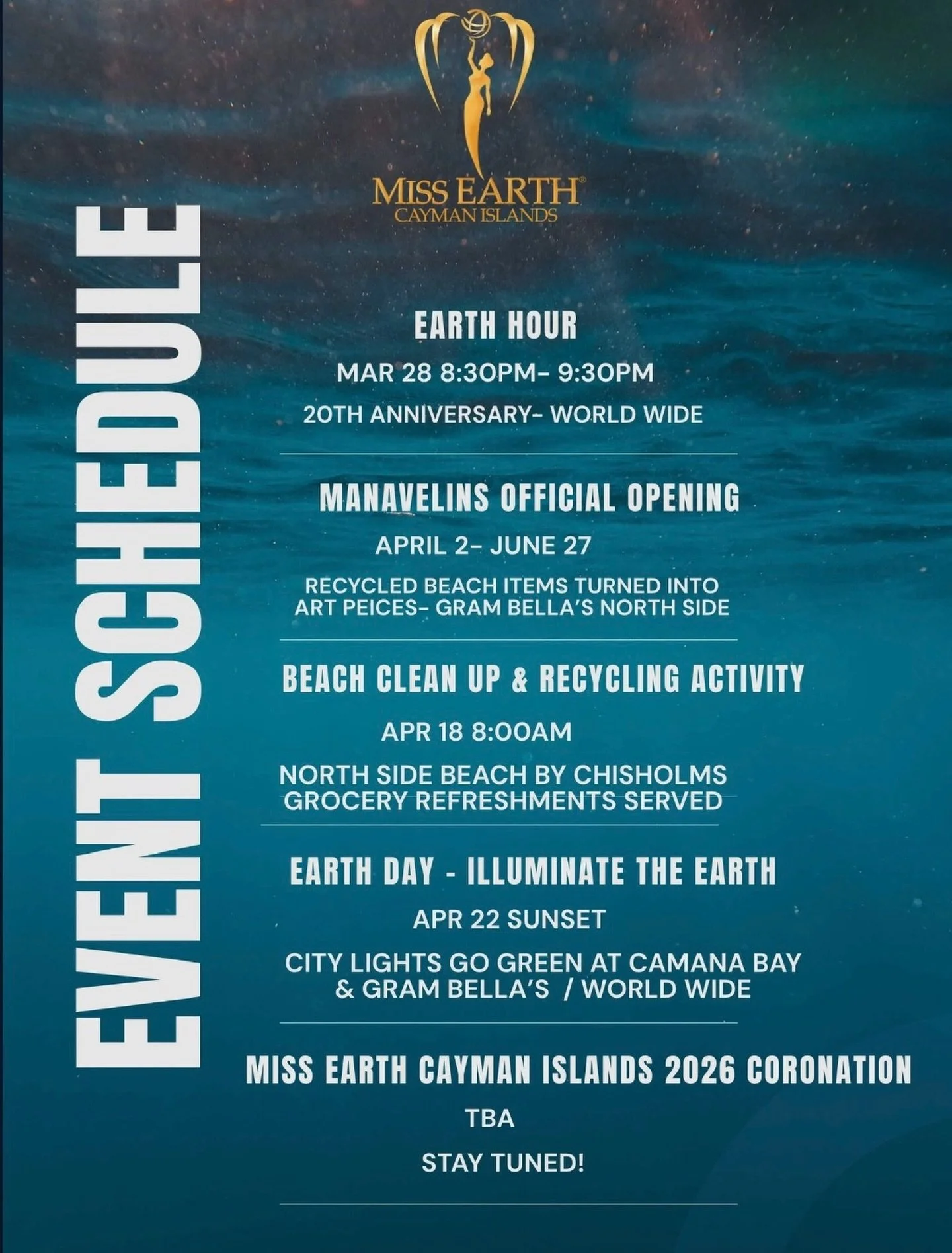 All month long, experience the beauty of sustainability with Miss Earth Cayman Islands 🌿✨

Visit the Manavelins Showcase by Kerwin Ebanks at Gram Bella&rsquo;s (across from Chisholm&rsquo;s in North Side) and see how recycled beach items are transfo