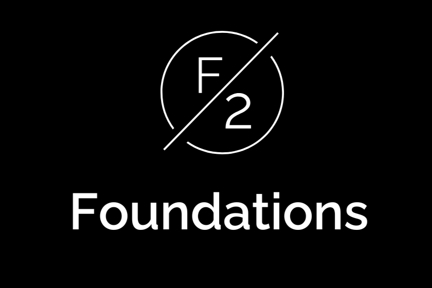 Logo with the text 'F/2 Foundations' and a circular graphic with a diagonal line and 'F/2' inside.