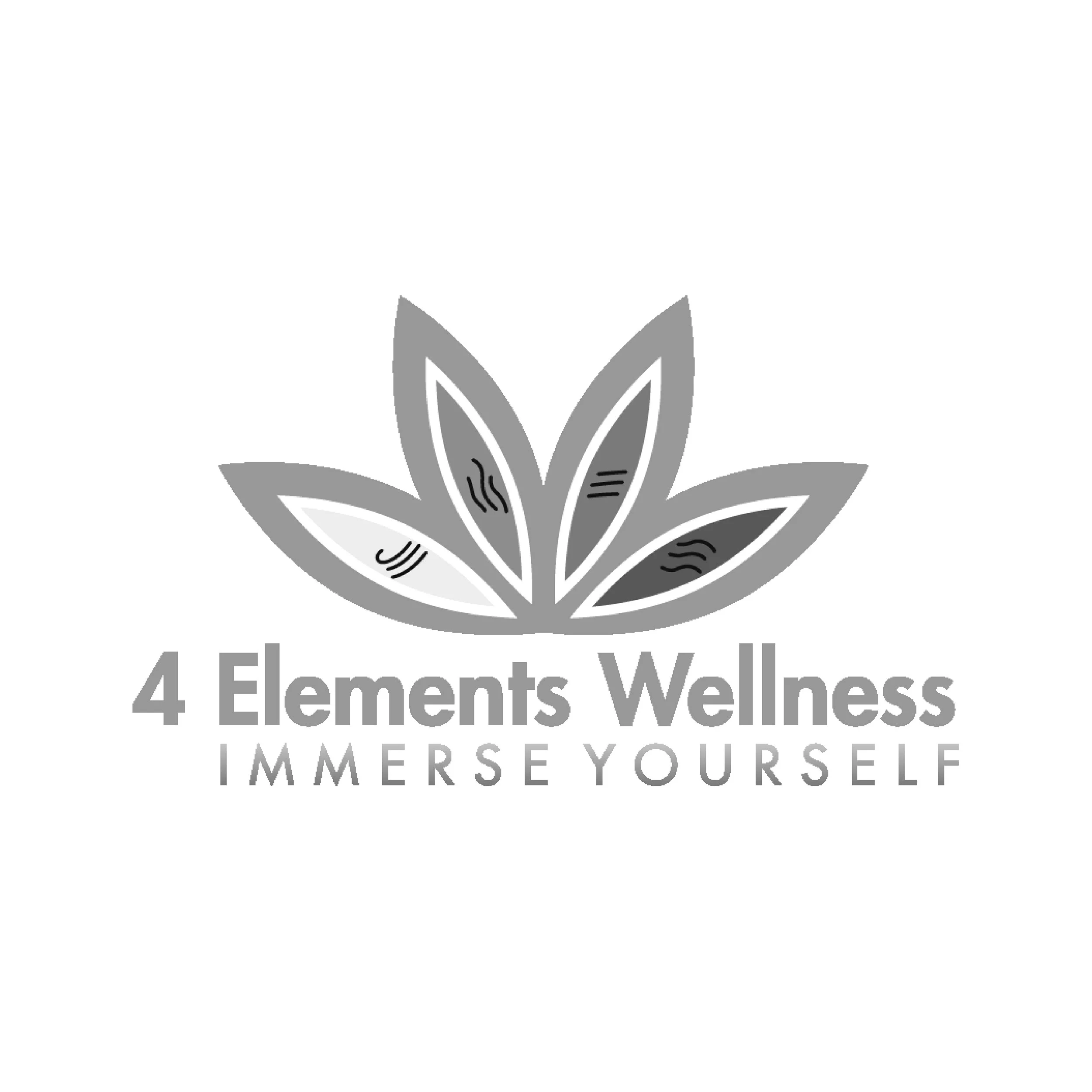 Logo featuring a stylized lotus flower with four petals in shades of gray, accompanied by the text '4 Elements Wellness' and the tagline 'Immerse Yourself'.
