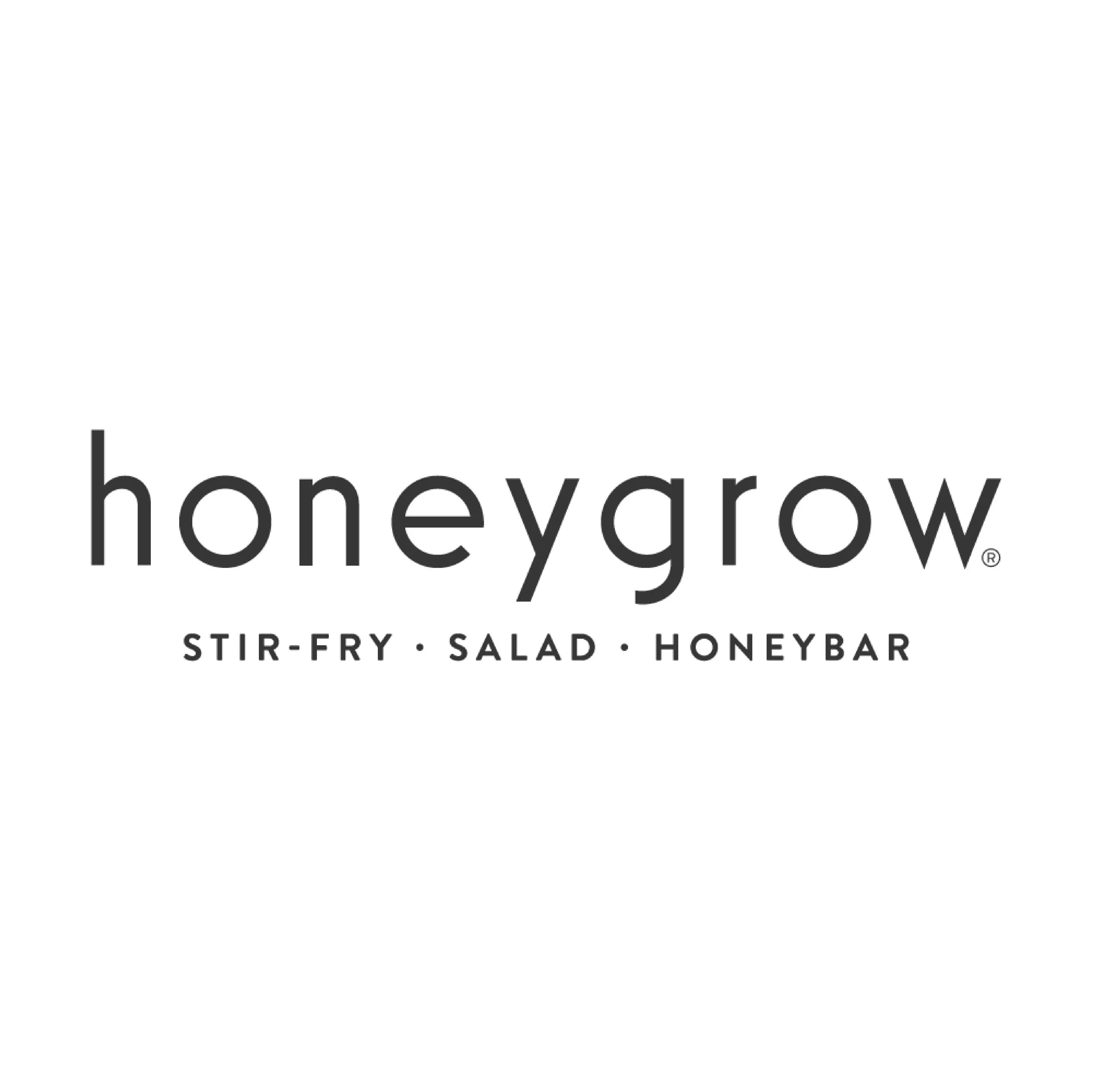 The logo for Honeygrow, a restaurant chain, with text indicating they serve stir-fry, salad, and honeybar.