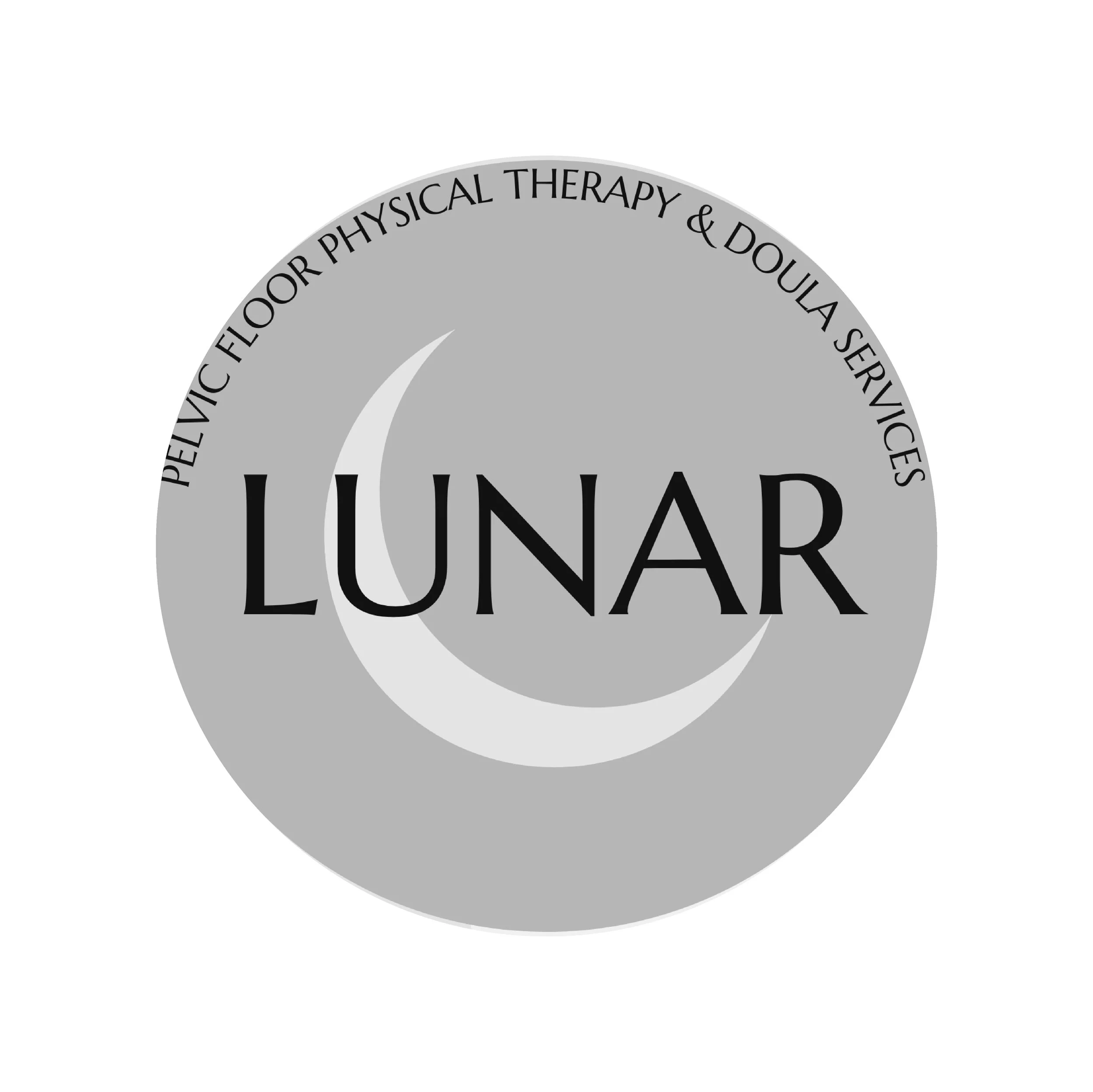 Gray circular logo with a crescent moon, text around the edge reads 'Pelvic Floor Physical Therapy & Doula Services,' and the center features the word 'Lunar' in bold black letters.