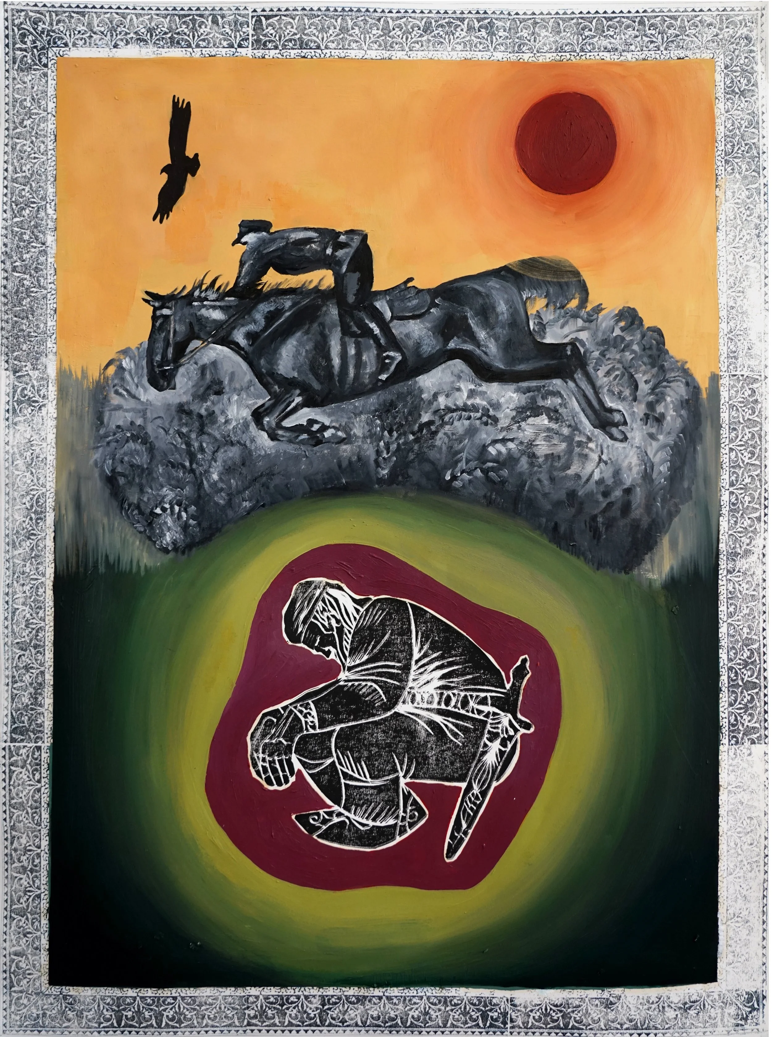 Oil, linoleum print, and Xerox transfer on paper | 18" by 24" | 2021