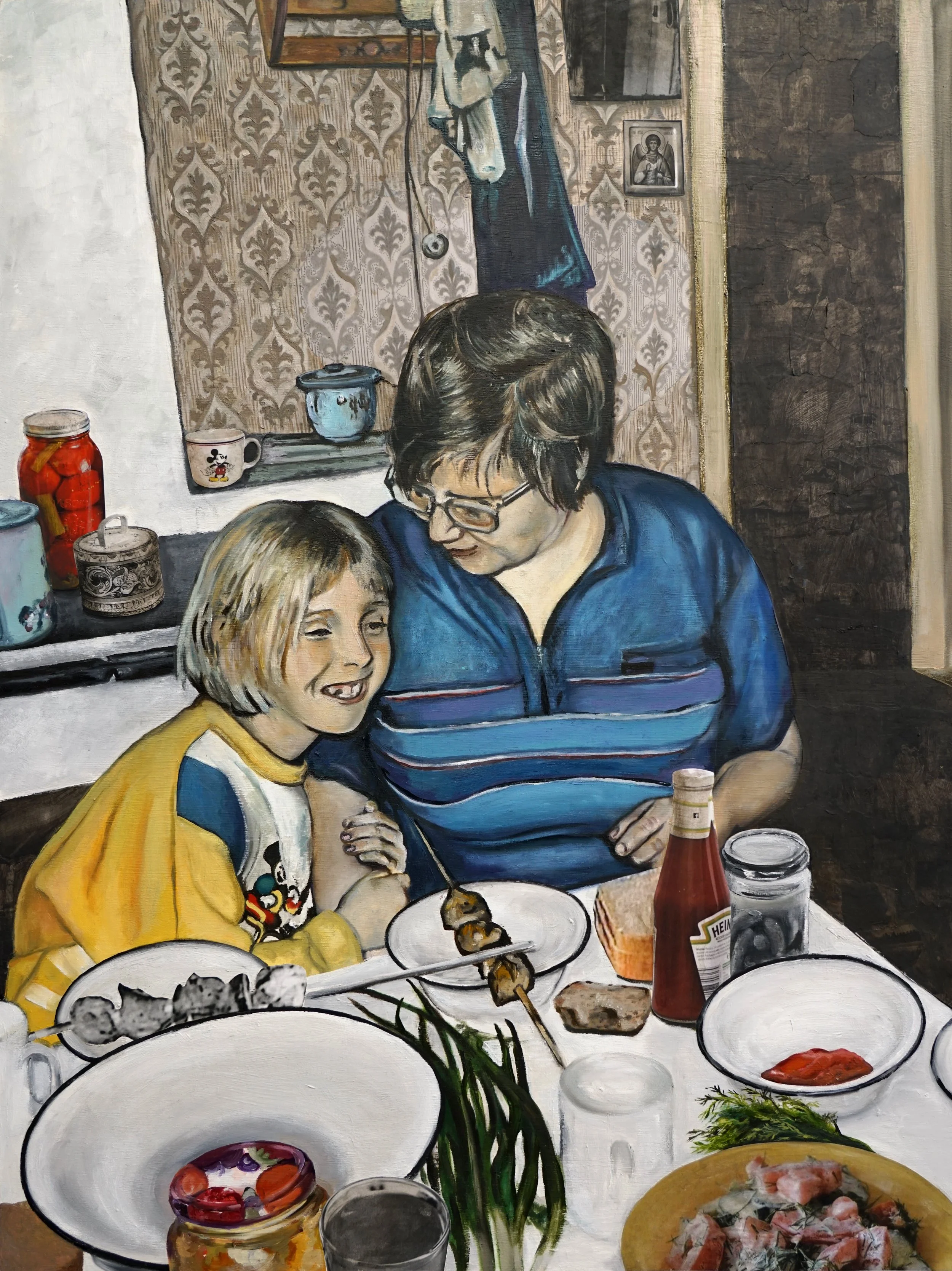 Oil, linoleum print and collage on board | 30" by 40" | 2026