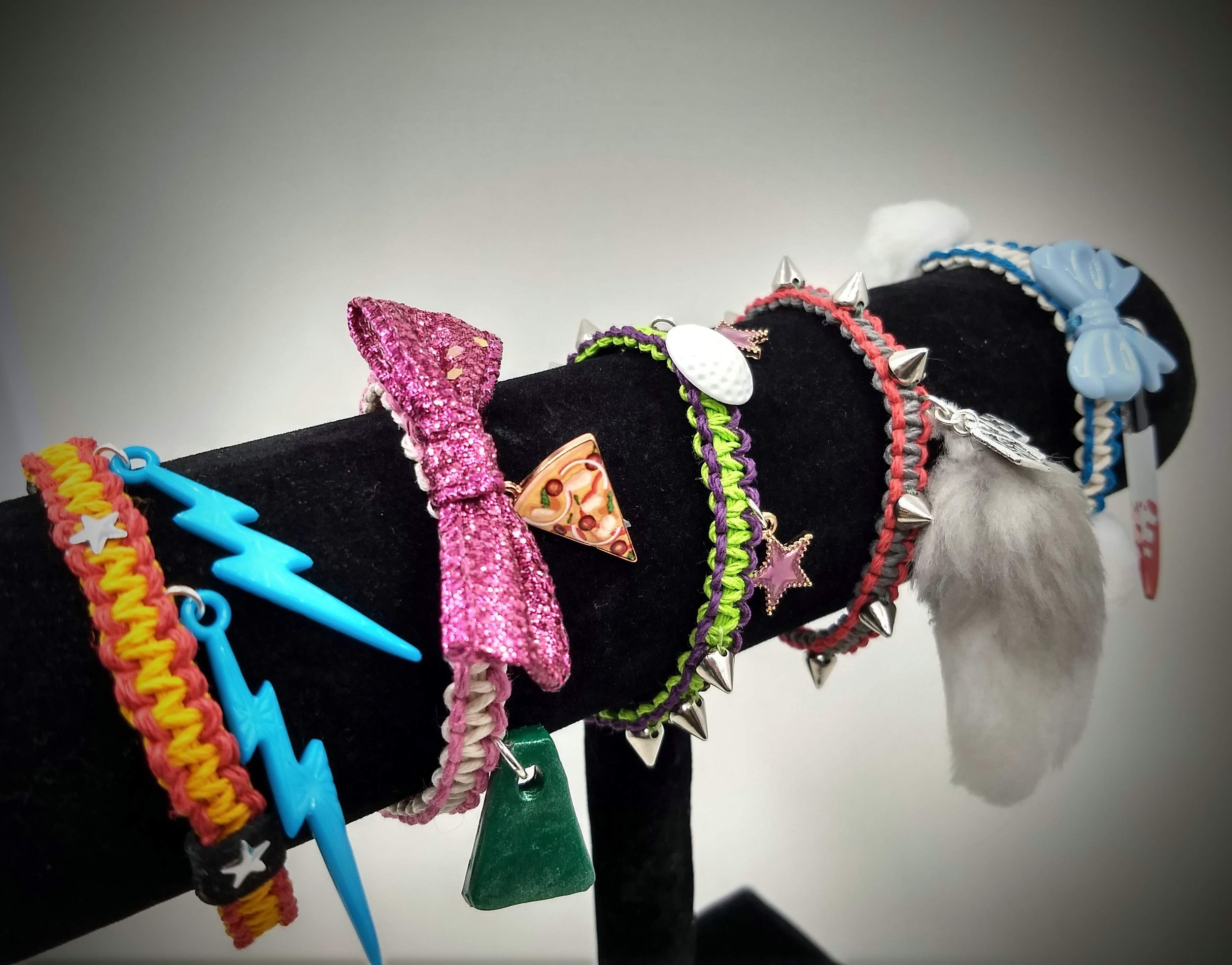 Security Breach Bracelets; hemp cording, charms, beads, faux fur, ribbon; 2022