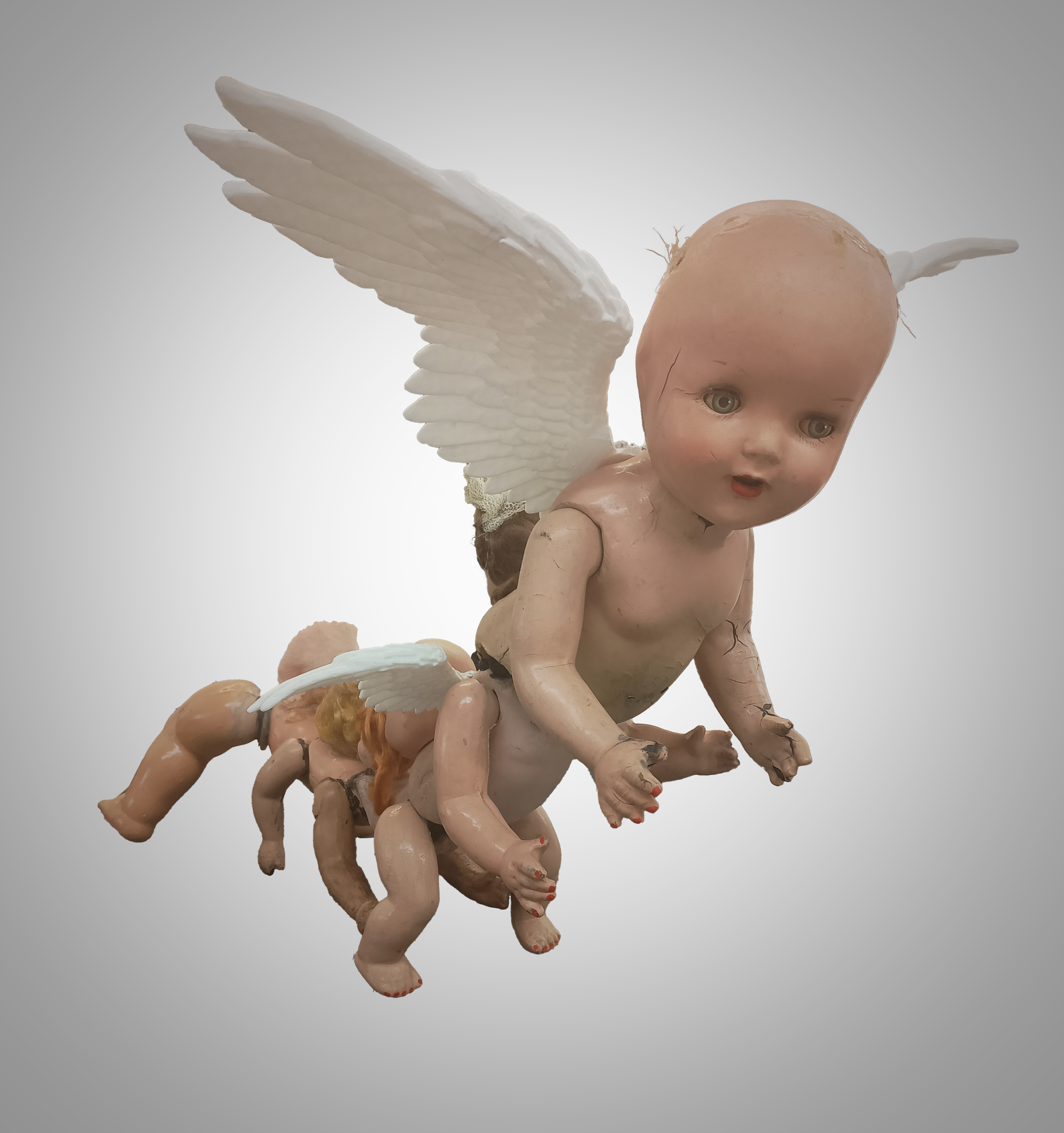 Angel in Flight, 3D printed wings, vintage doll pieces, 2025