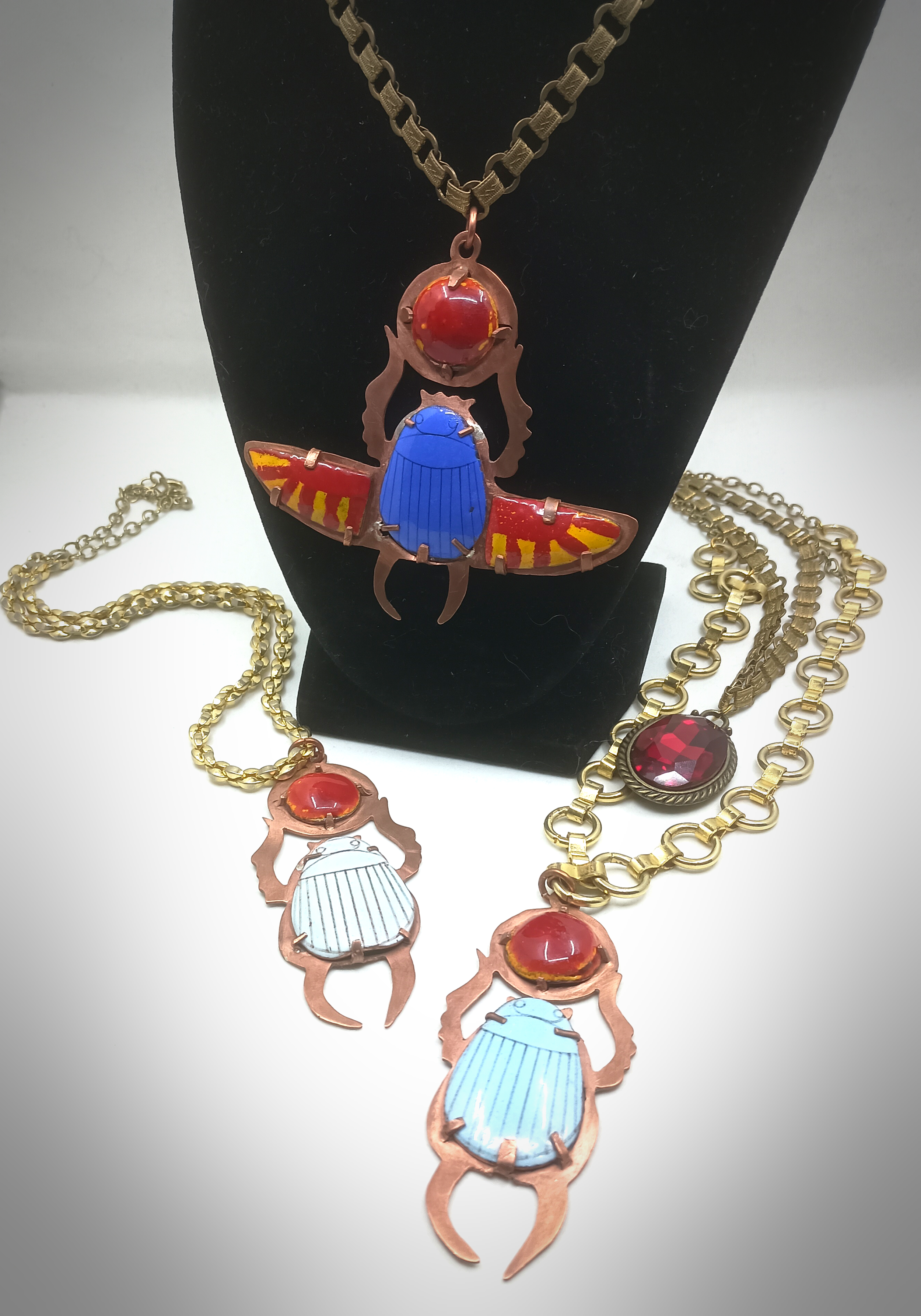 Heart Scarabs, copper sheet, enamel, chain, 2025