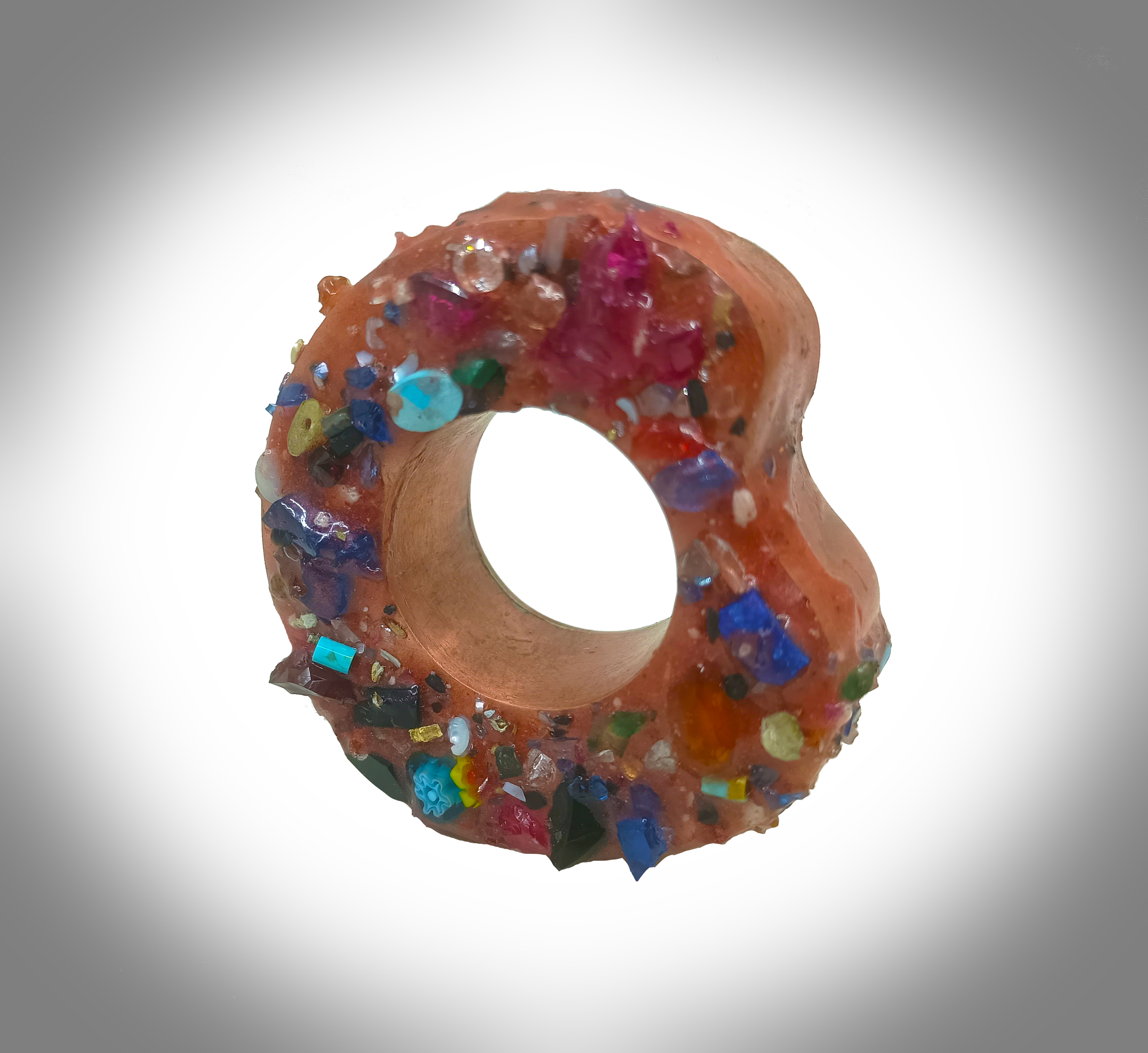 Coffee & Contemplation; copper sheet, epoxy resin, assorted chipped gemstones, 2026