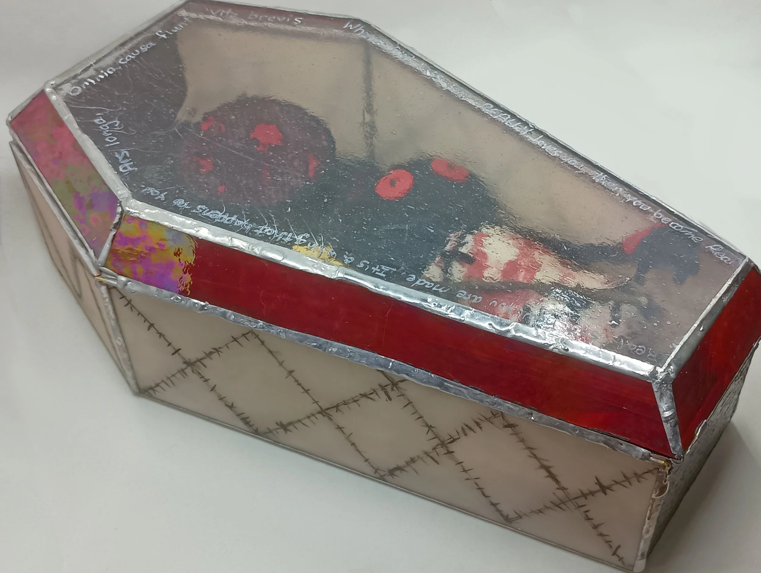 Robbie's Reliquary, stained glass, lead solder, oil paint, 2025