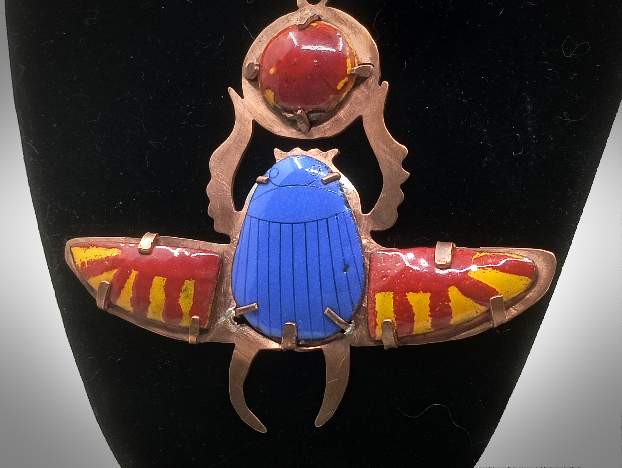 Heart Scarabs Detail, copper sheet, enamel, chain, 2025