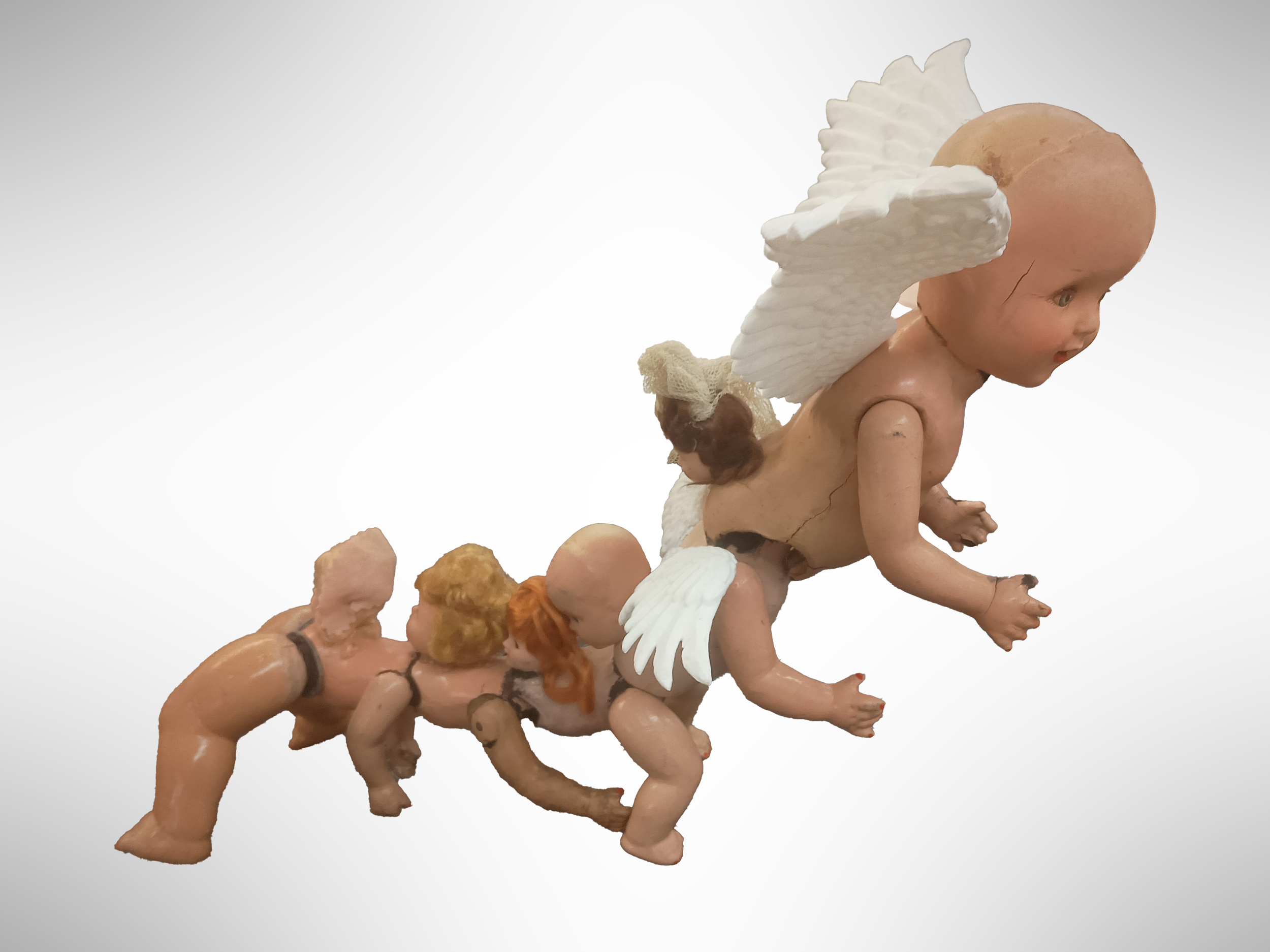 Angel in Flight, 3D printed wings, vintage doll pieces, 2025