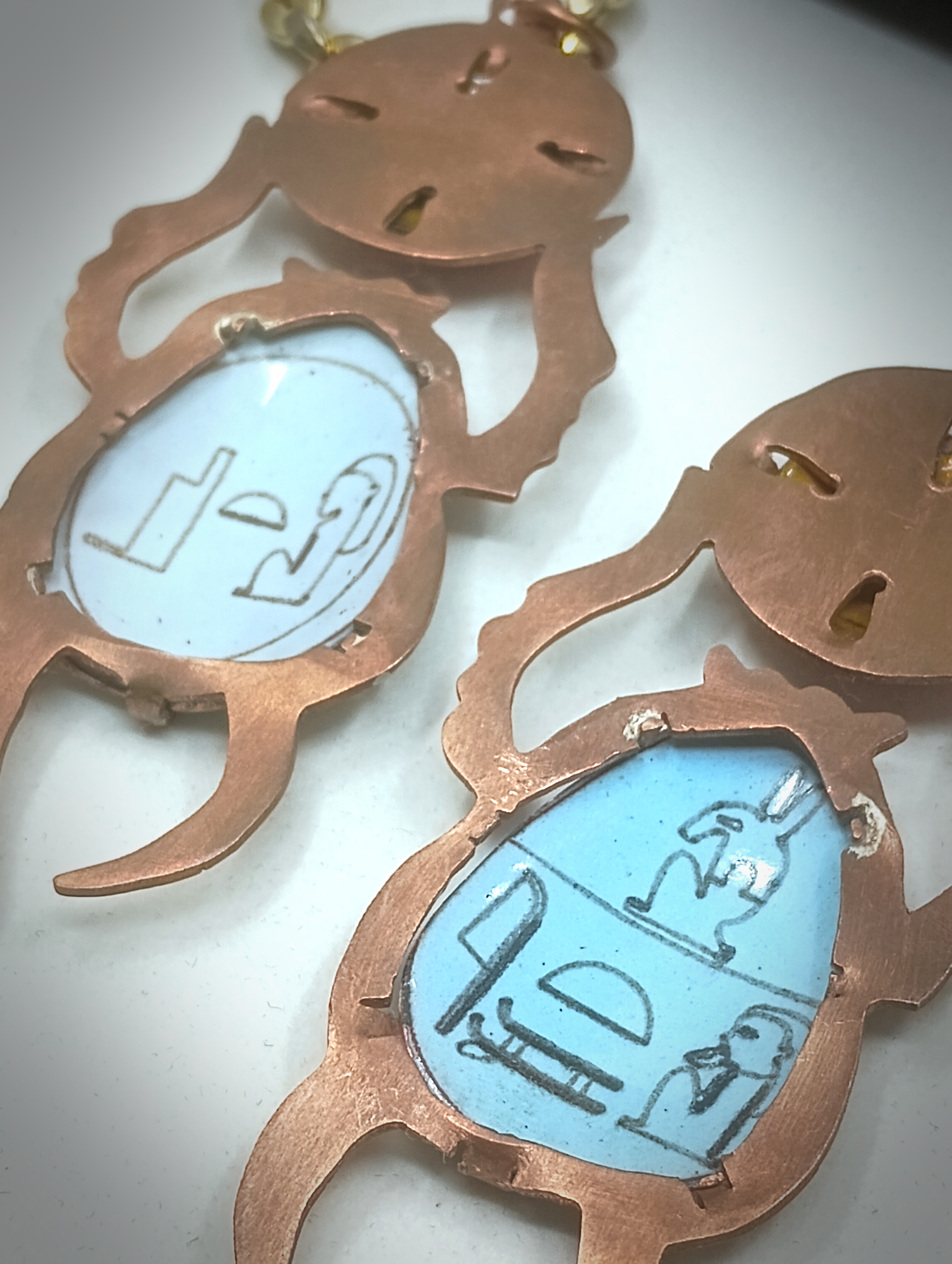 Heart Scarabs Detail, copper sheet, enamel, chain, 2025