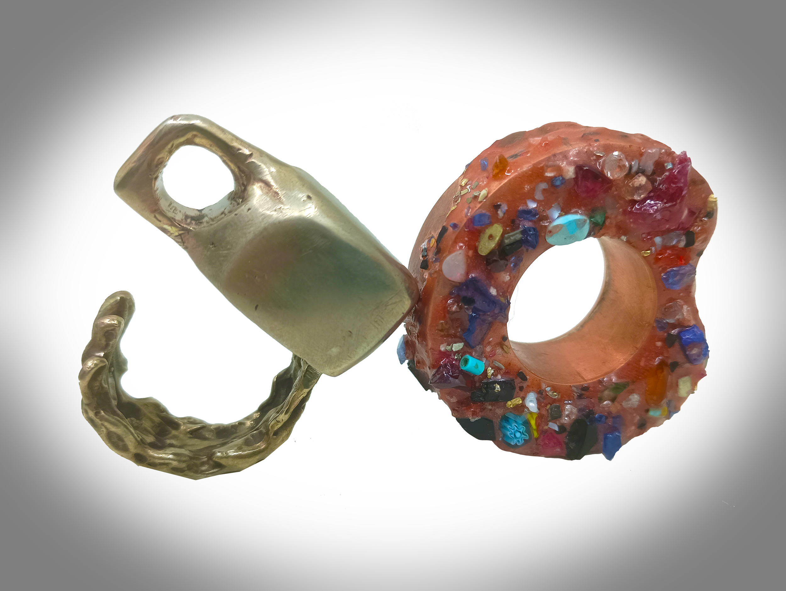 Coffee & Contemplation; cast white bronze, copper sheet, epoxy resin, assorted chipped gemstones, 2026