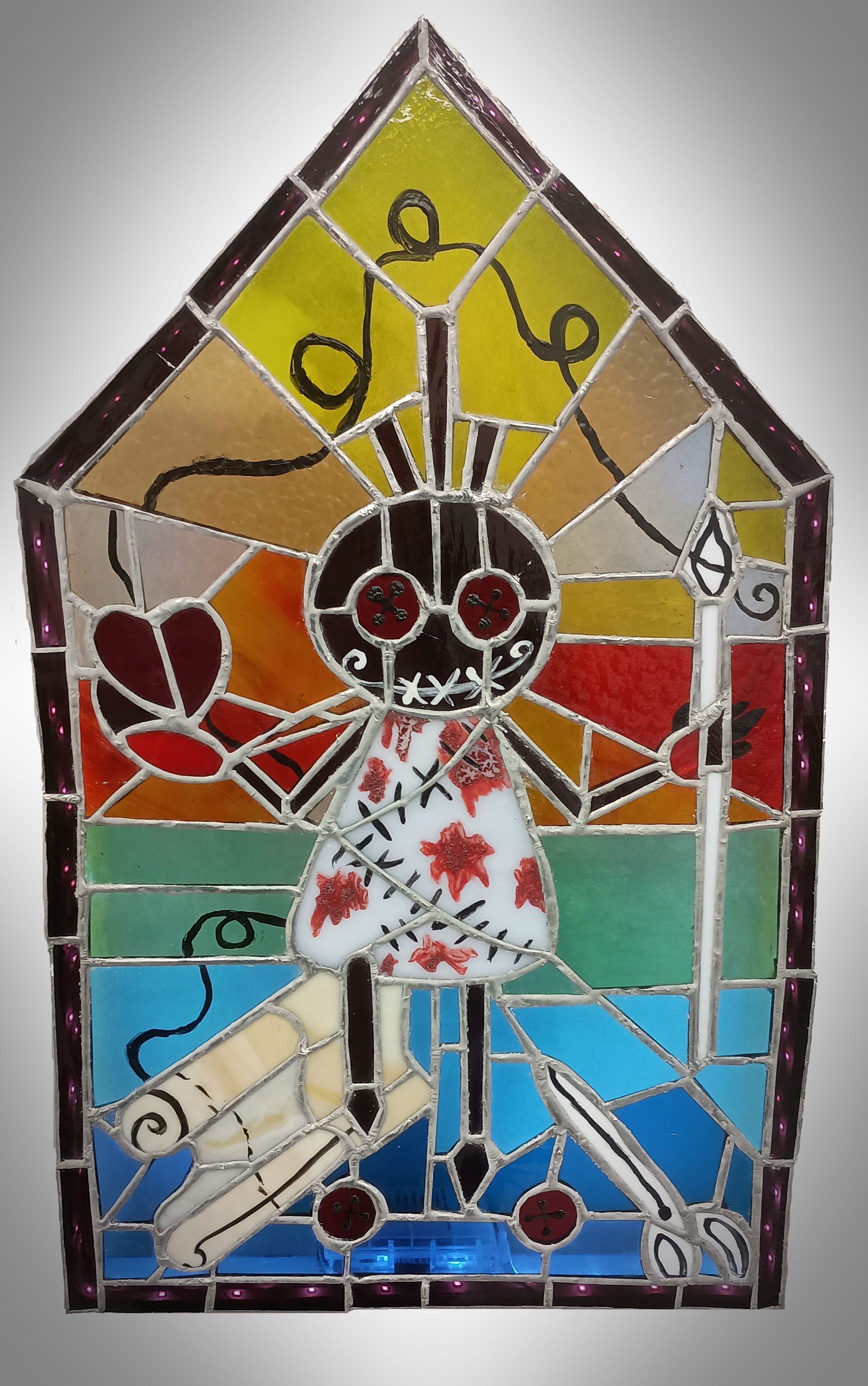 Birth of Robbie; stained glass, lead solder, LED lights, 2025
