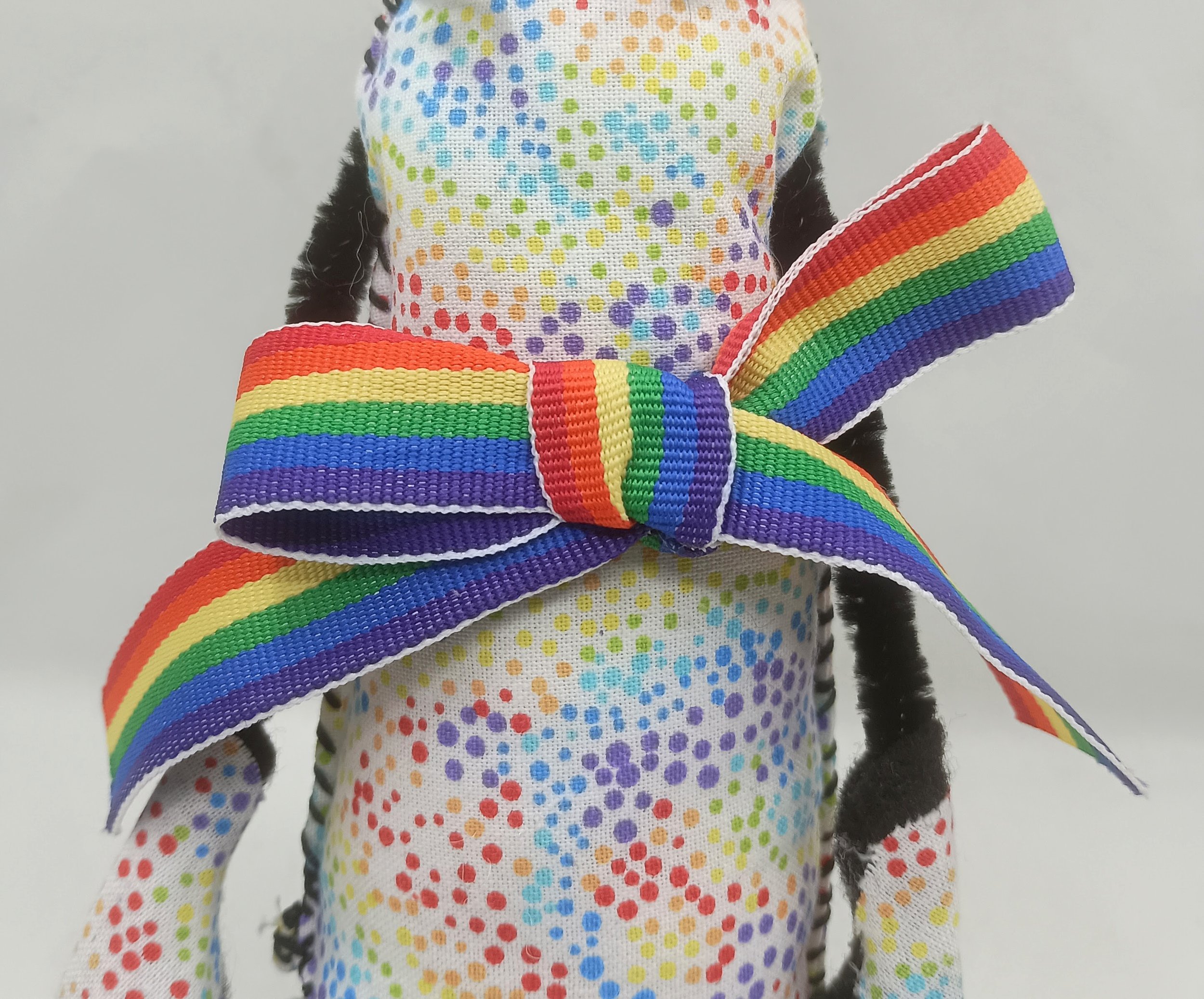 Rainbow Omni Doll Detail, yarn, pipe cleaners, felt, buttons, 2025
