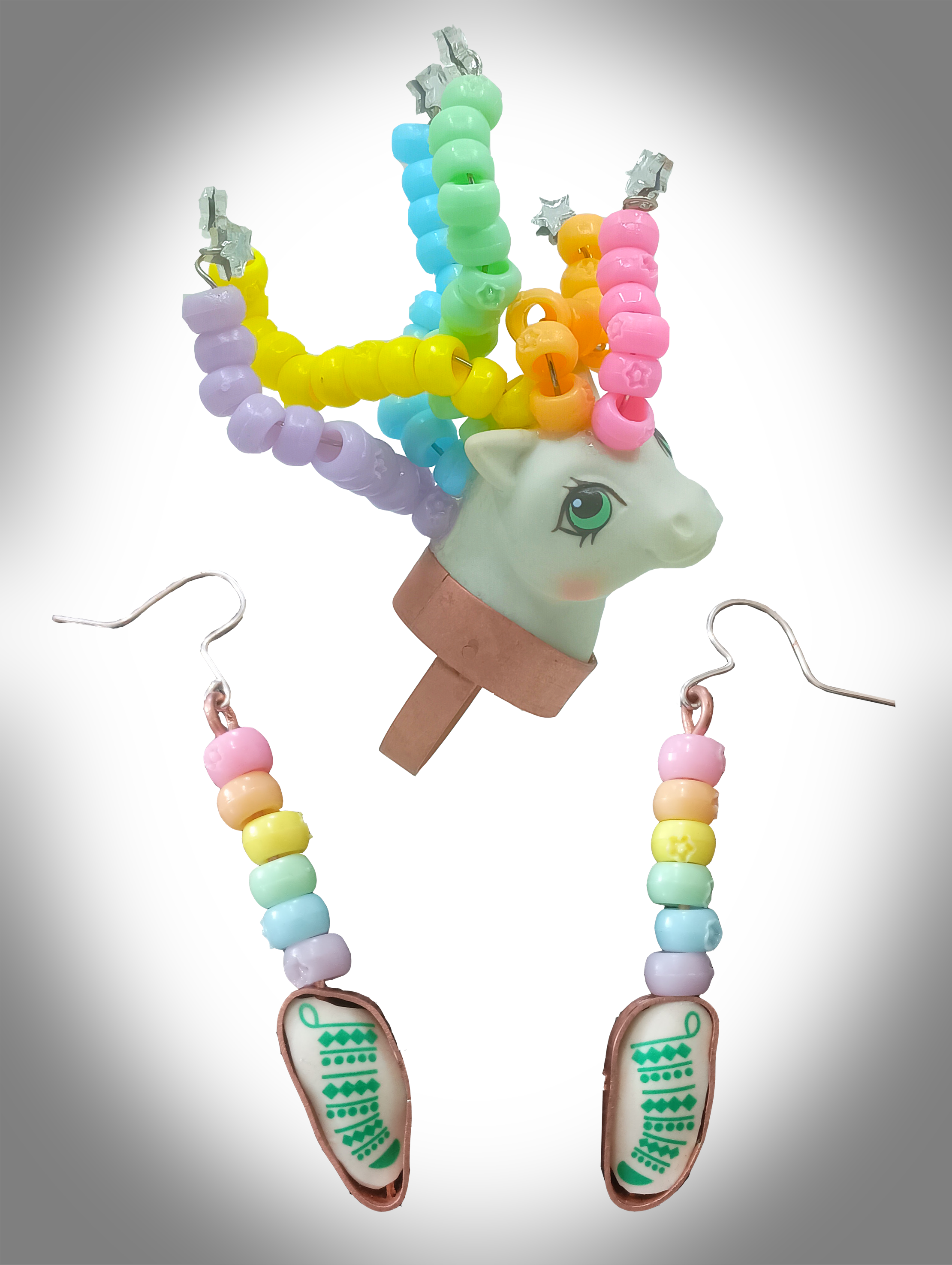 Baby Pony Ring & Earrings; My Little Pony Head & vinyl, copper sheet, copper and sterling wire, pony beads, acrylic sheet; 2026