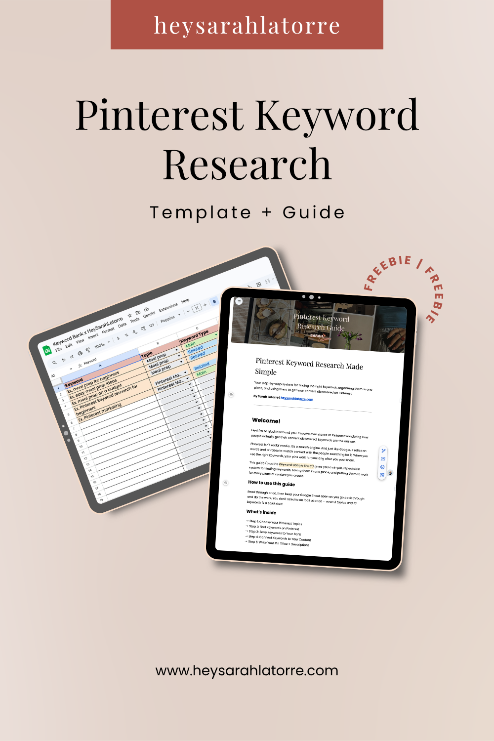 Mockup visual of the keyword research guide in a google doc and keyword bank template in a google sheet