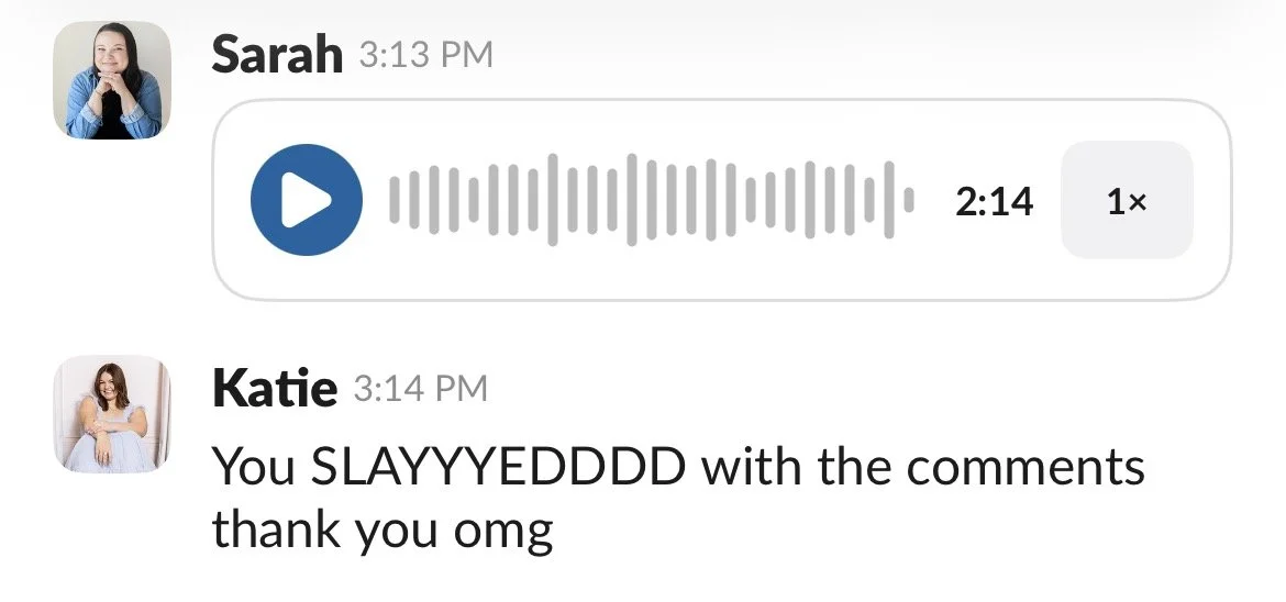 Screenshot of a text message conversation between Sarah and Katie. Sarah sent a voice message, and Katie responded, expressing excitement and gratitude with enthusiastic language.