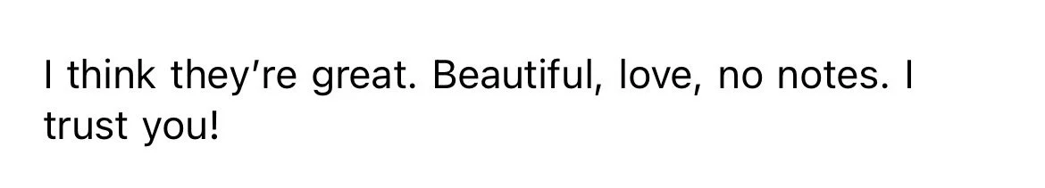 A typed message that says, "I think they're great. Beautiful, love, no notes. I trust you!"