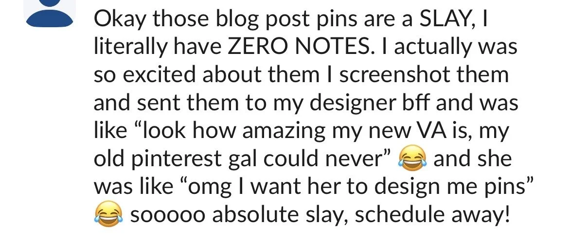 Screenshot of a social media post with text expressing excitement about blog post pins and mentioning sending them to a designer friend. The post includes laughing emojis.