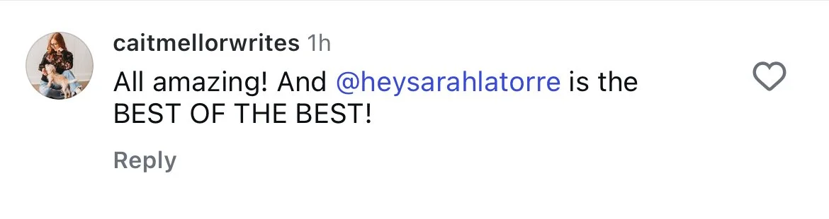 Instagram comment praising someone's work, mentioning a tag for @heysarahlatorre.