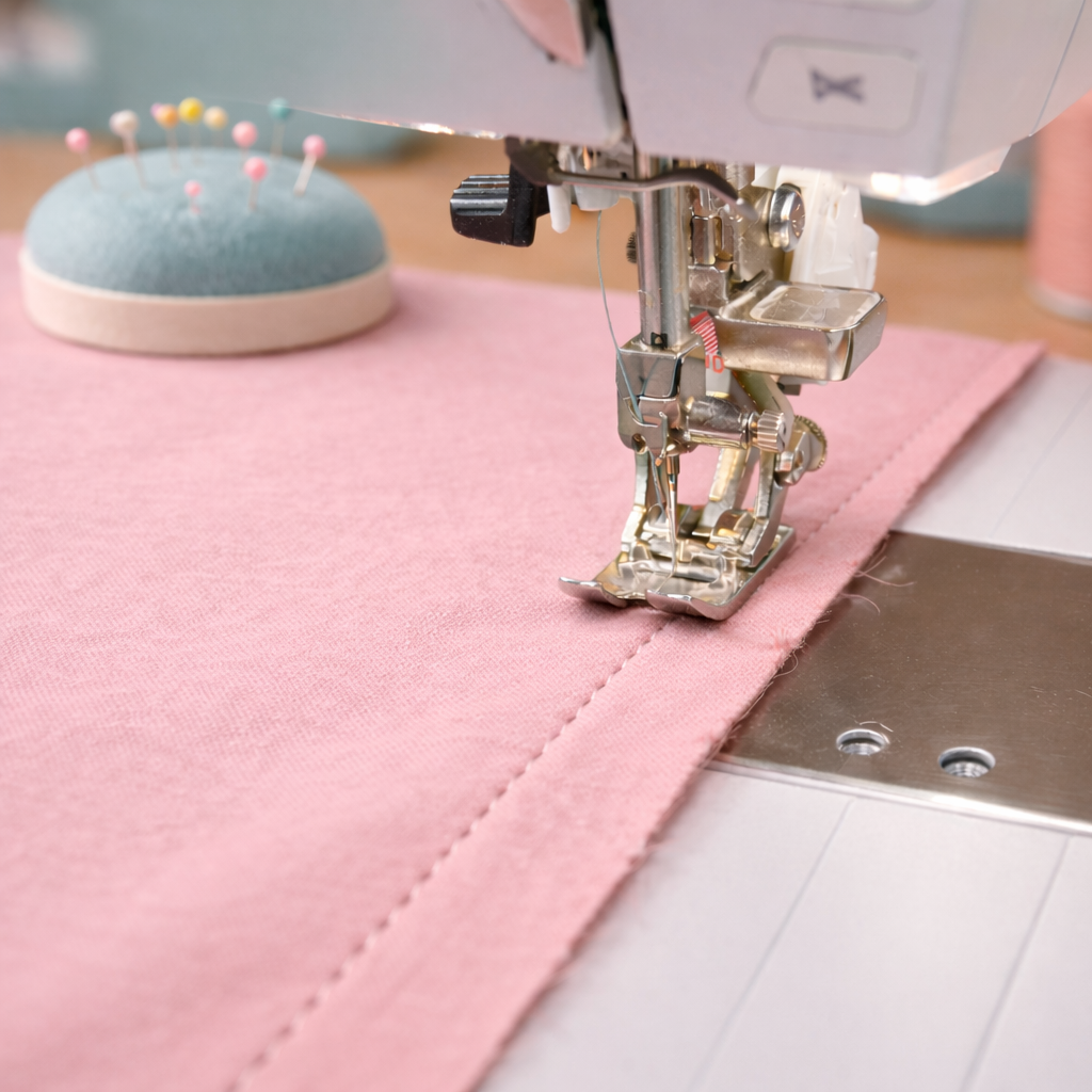 Quilt backing being seamed on a sewing machine