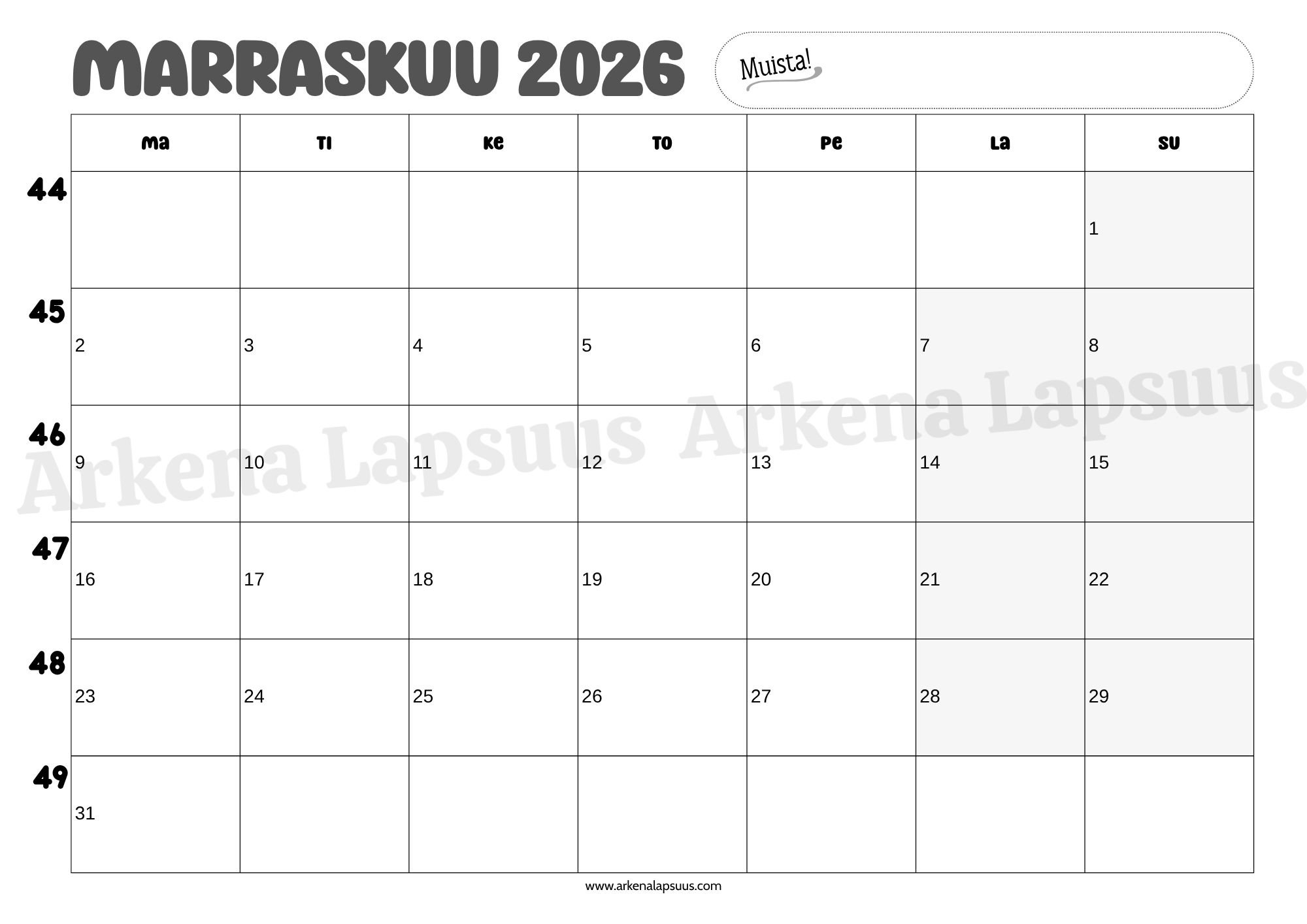 Tulostettava kalenteri  marraskuu