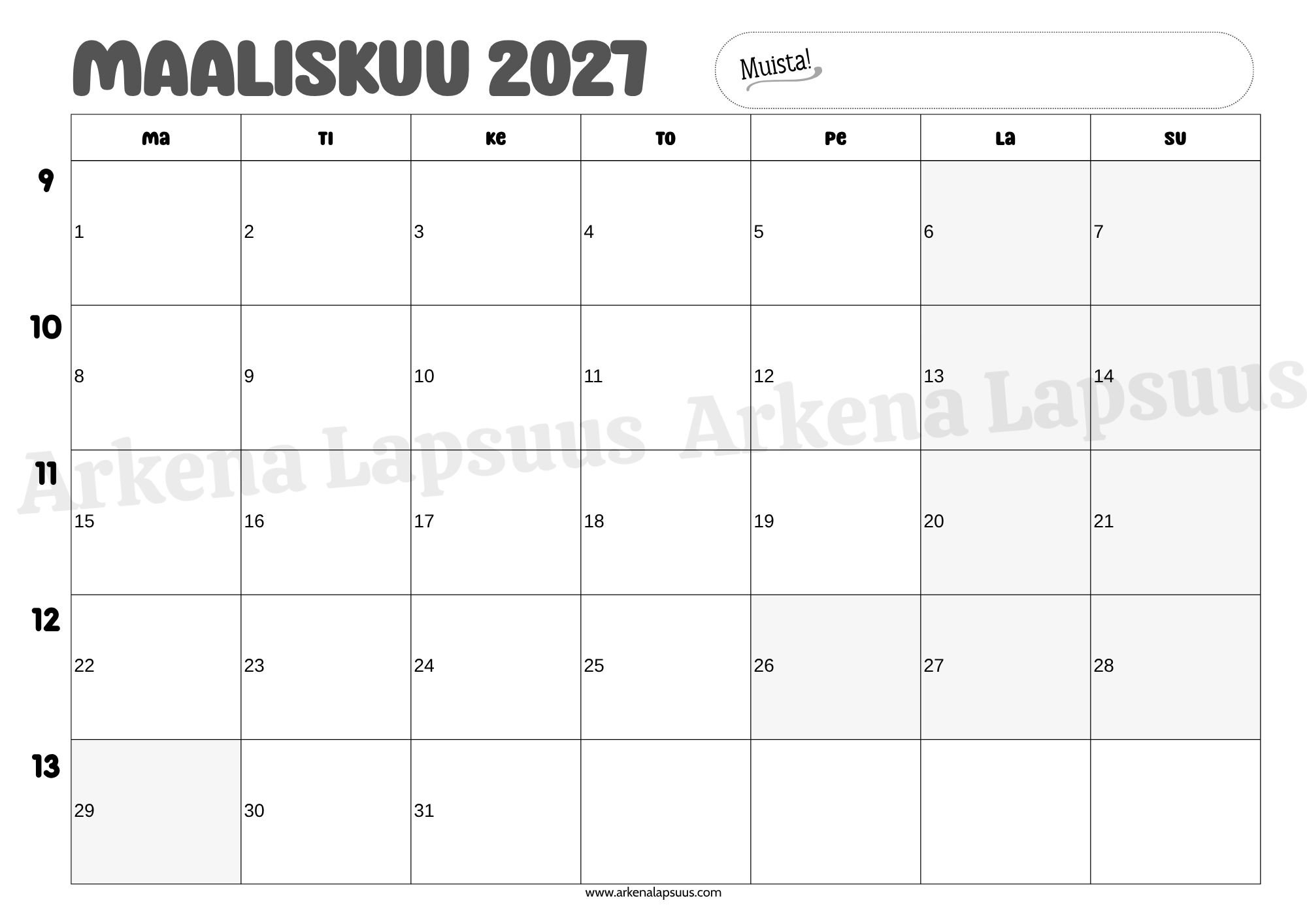 Tulostettava kalenteri maaliskuu