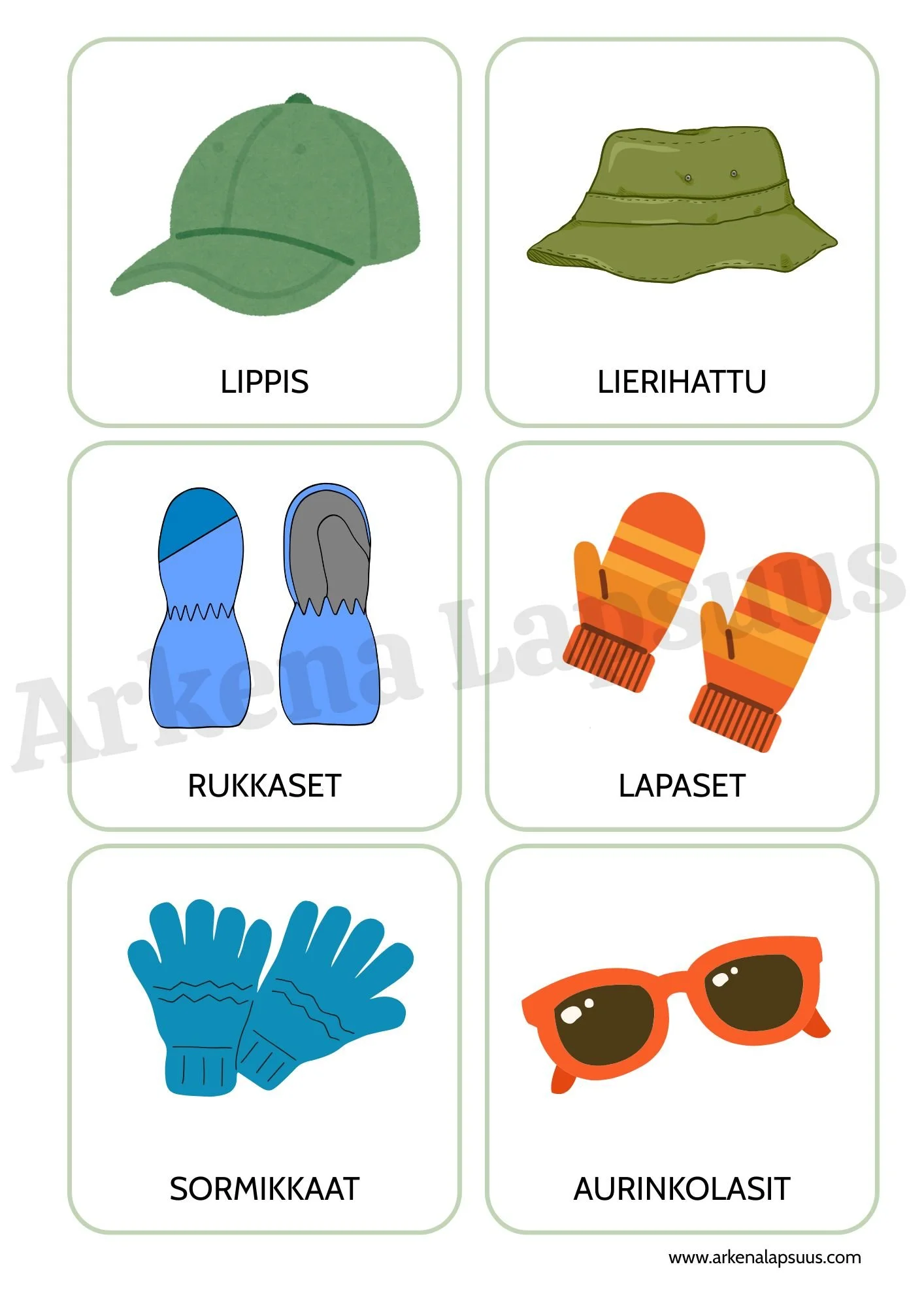 Vaatekuvia varhaiskasvatukseen lippis rukkaset sormikkaat aurinkolasit