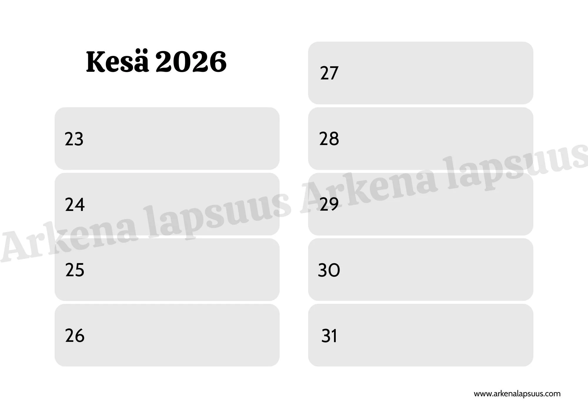 Kesän 2026 viikot suunnittelupohja