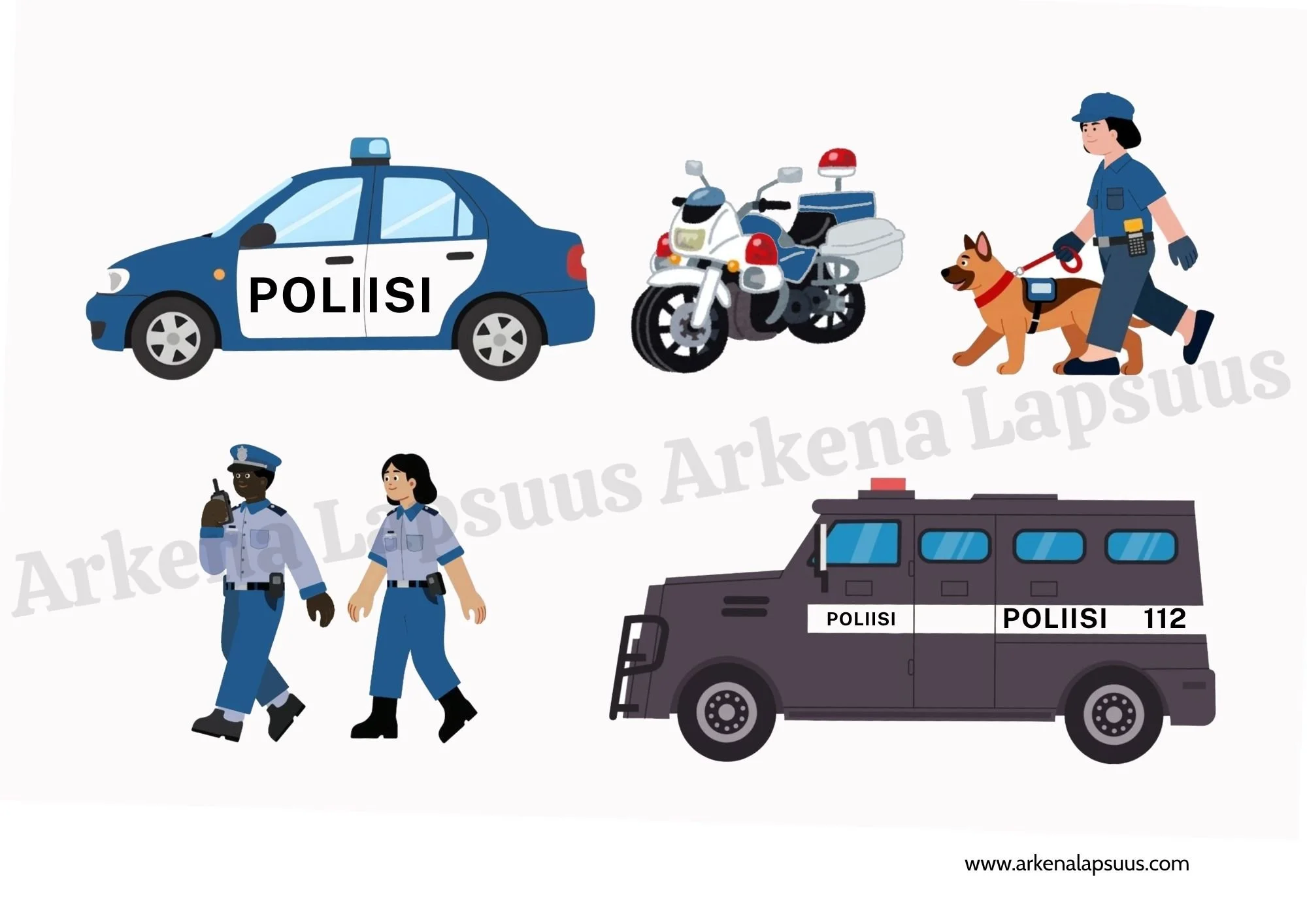 Poliisiauto, poliisimoottoripyörä, poliisikoira, poliisi