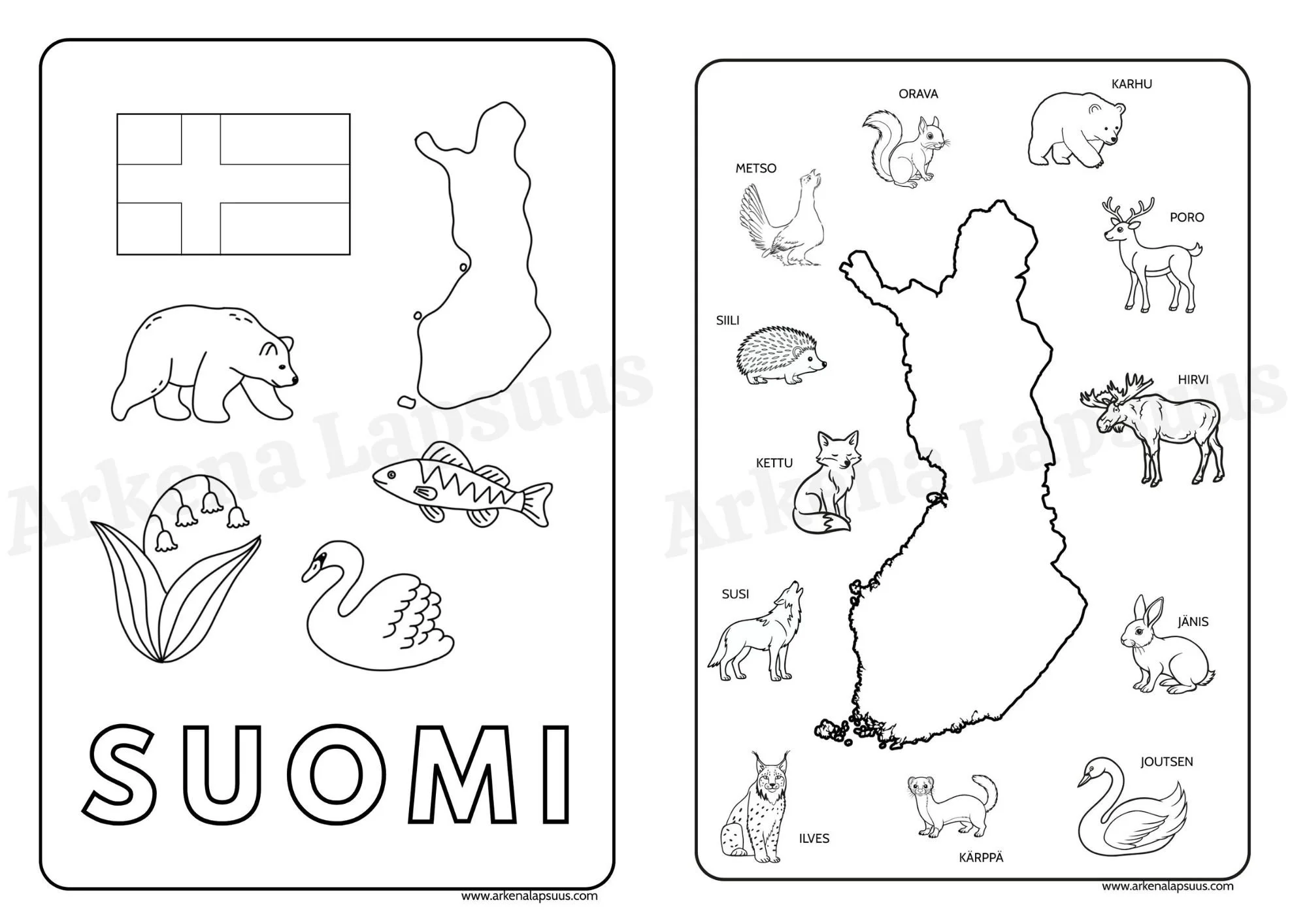 Ilmaiset Suomi-teemaiset värityskuvat lapsille.