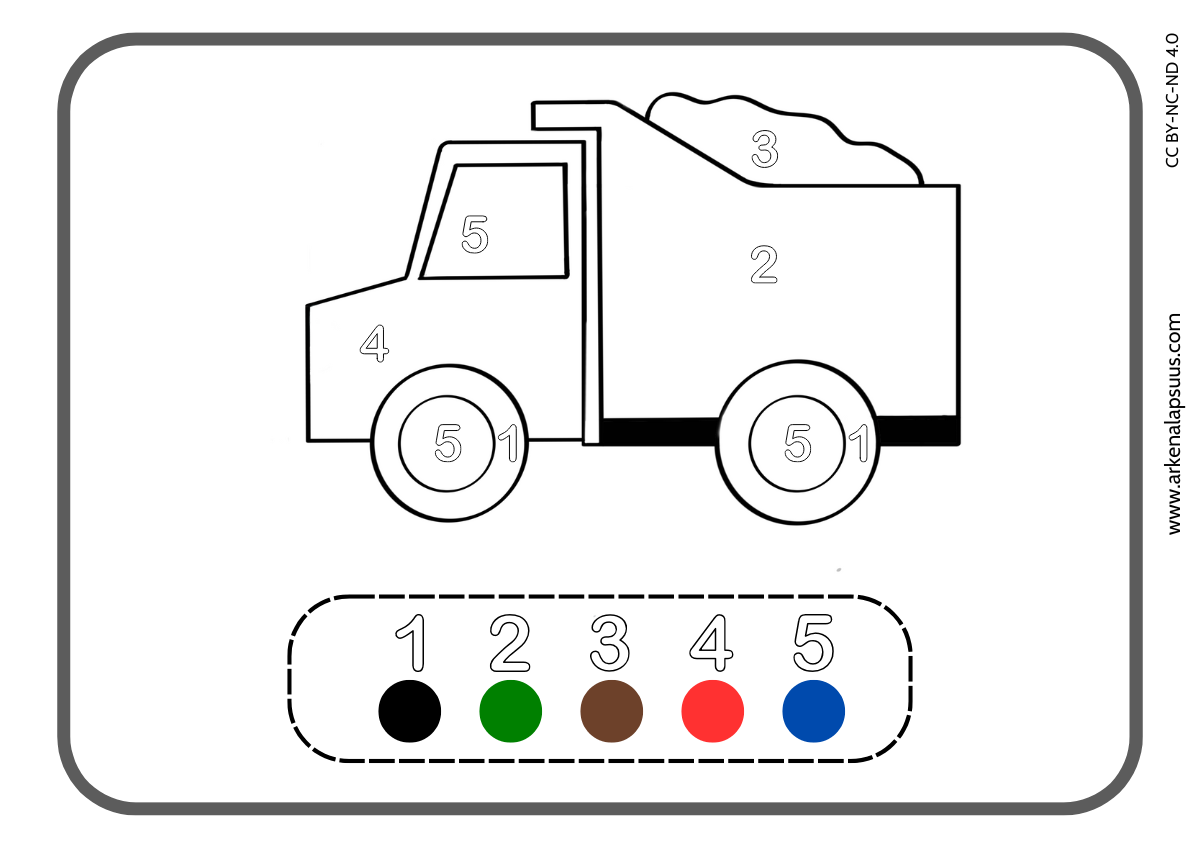 Ilmainen väritä numeroiden mukaan -väritystehtävä lapsille, kuvassa väritettävänä kuorma-auto.