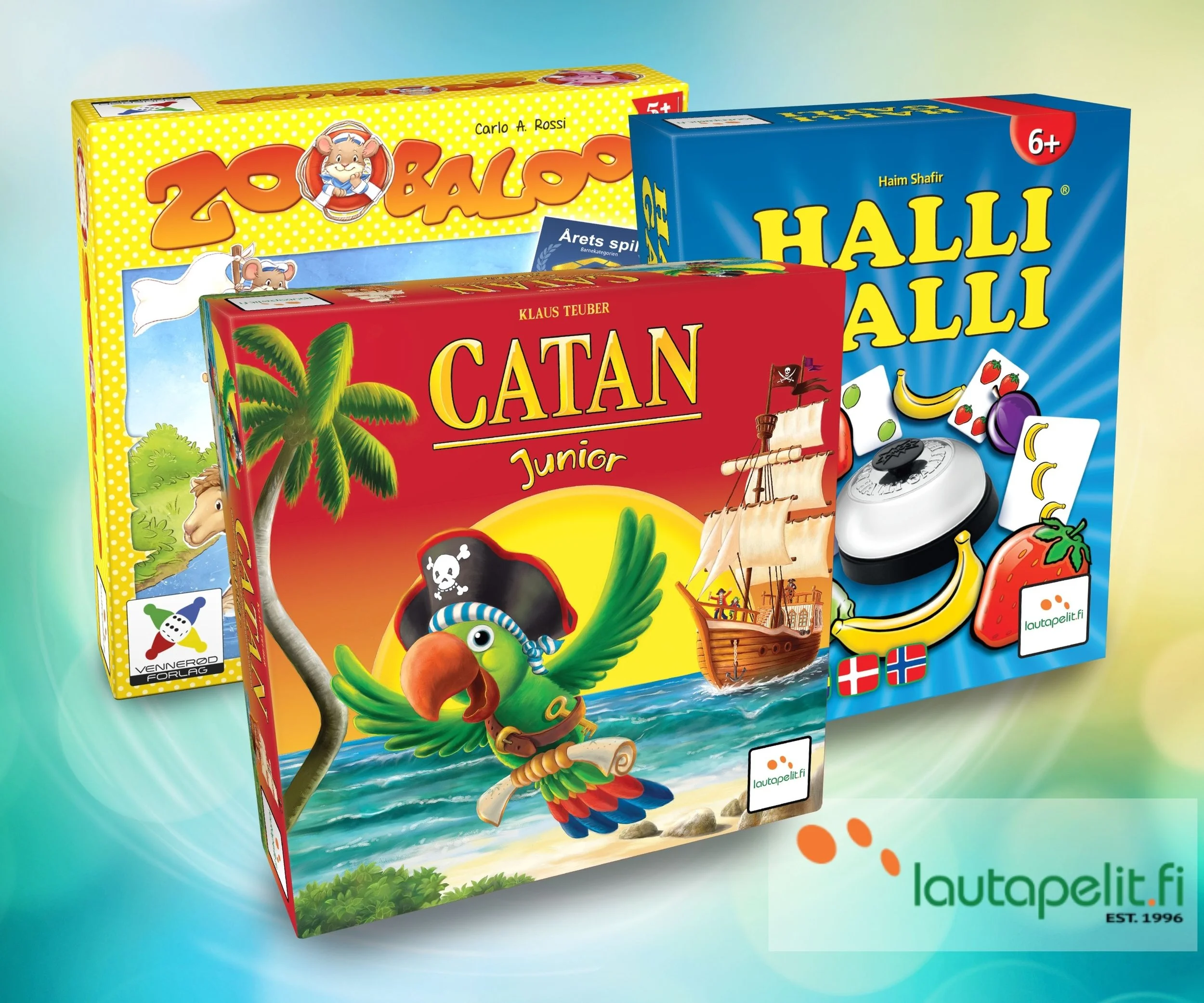 Lasten pelejä: Catan Junior, Zoobaloo ja Halli Galli. Lautapelit.fi logo.