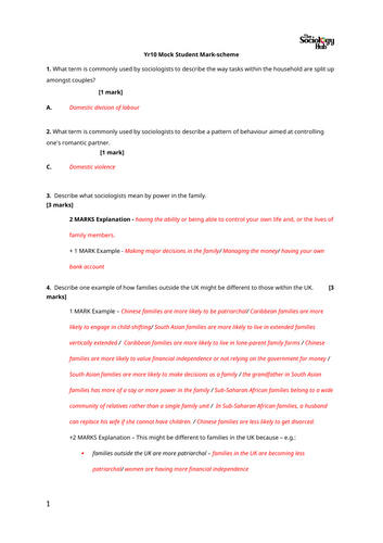 AQA GCSE Sociology Assessment & Student-friendly Mark-scheme - Education Unit & Family (T1-3)