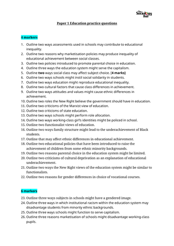 AQA A-level Sociology Education: Assessment Preparation - Practice Questions (4, 6, 10 & 30 markers)