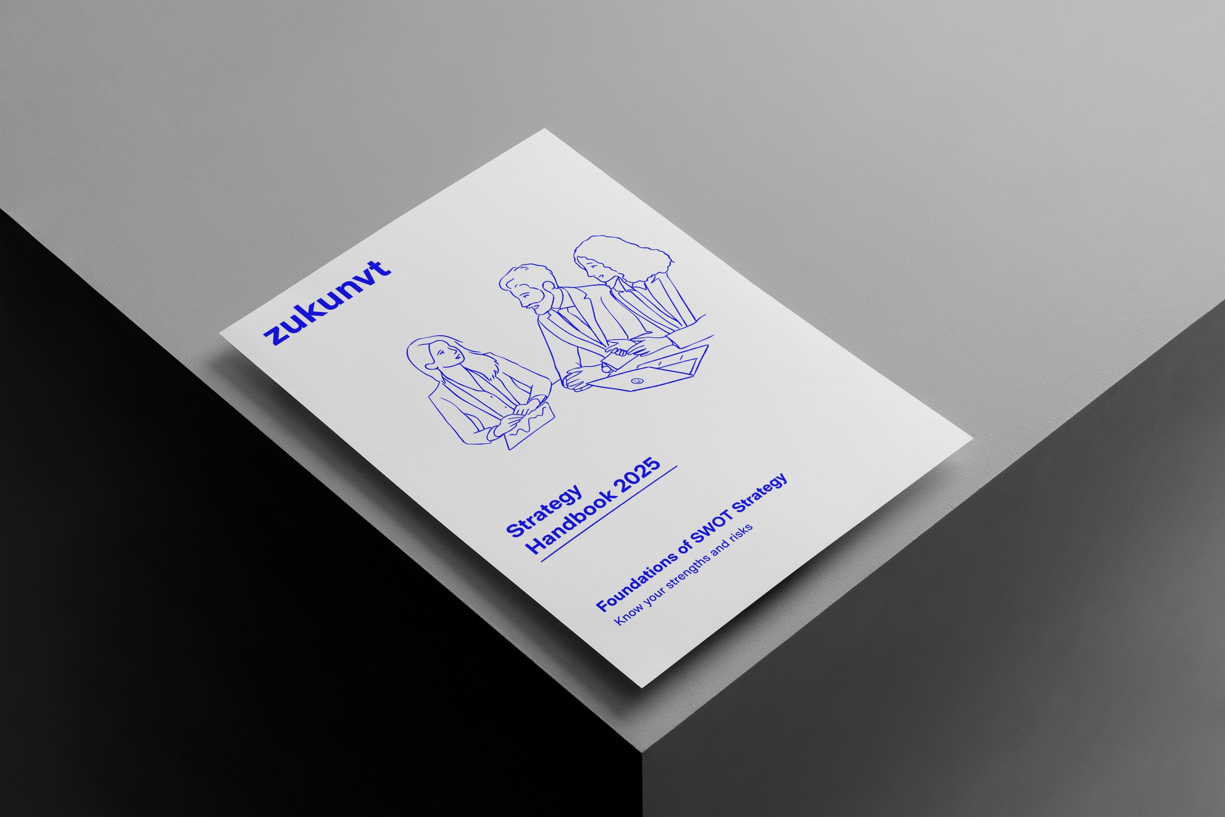 Cover page of a strategy handbook titled 'zukunvt' with a line drawing of three business people looking at a tablet.