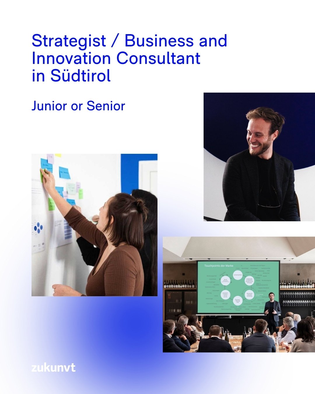 Can you turn a strategy into measurable results?
We're looking for a Strategist / Business and Innovation Consultant (Junior or Senior) to join our team in Bozen-Bolzano and Bruneck-Brunico: permanent or freelance, on-site or hybrid. Plus: healthy lu