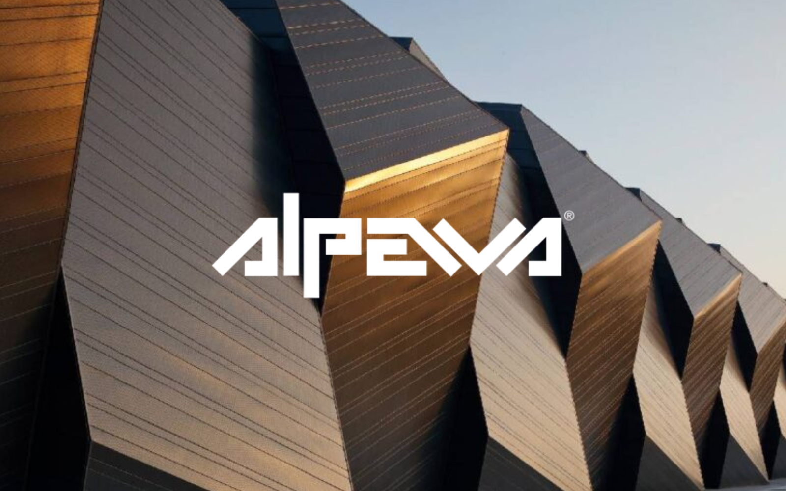 Close-up of modern building with geometric, angular design, featuring metallic, reflective surfaces under a clear sky, with the logo of "Alpewa" in the center.
