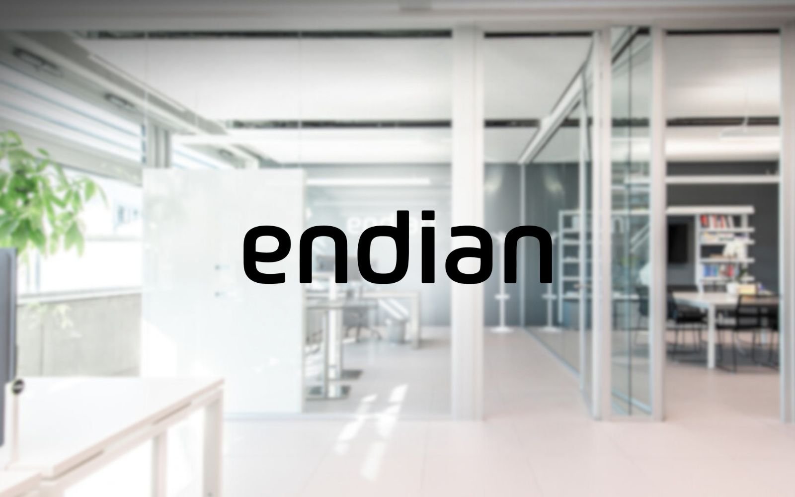 Modern office space with glass walls, white furniture, and a tall bookshelf, illuminated by natural light from large windows, and the logo of the company "Endian" overlaid.