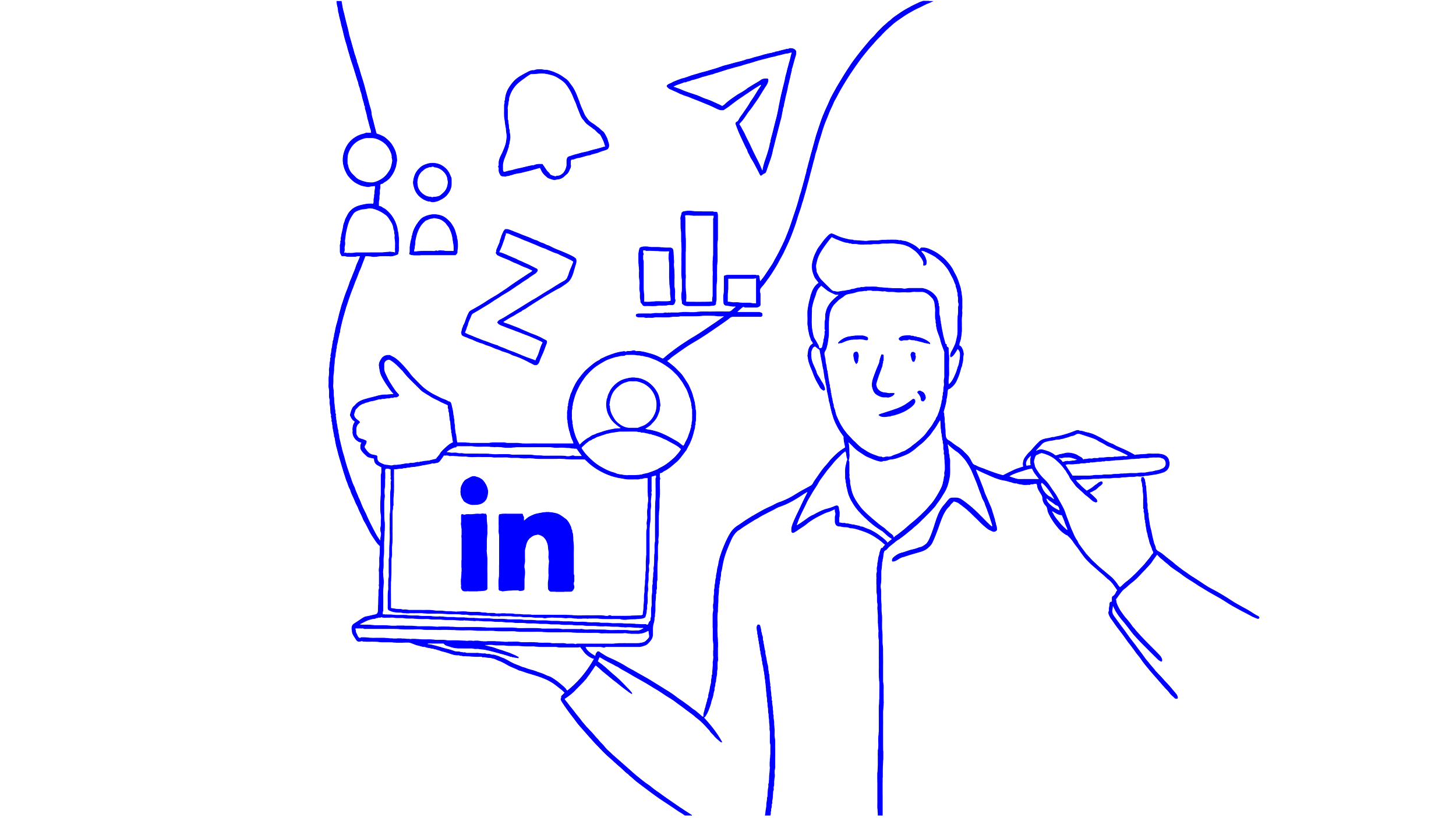 Line drawing of a man in a shirt holding a laptop with the LinkedIn logo, surrounded by icons and graphs representing networking and analytics.
