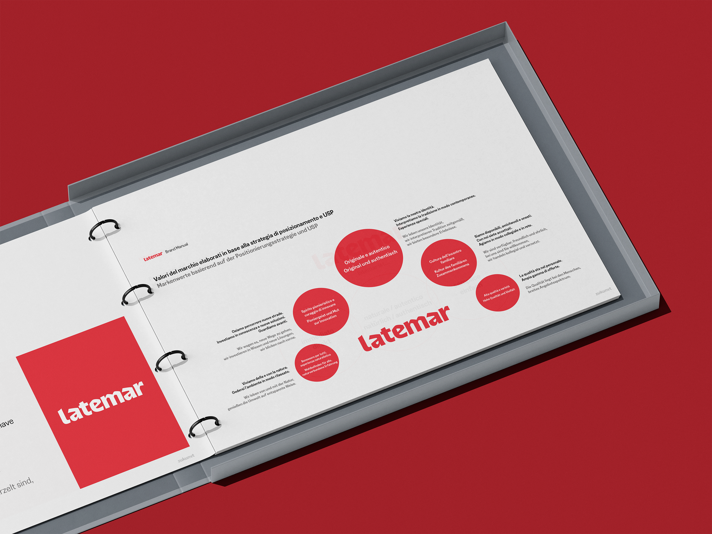 Open presentation folder displaying a document with the logo and branding of Latemar on a red background.