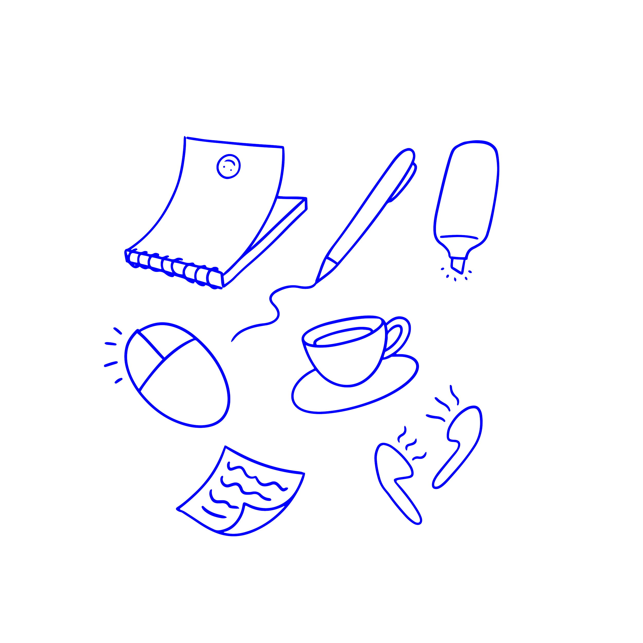 Blue line drawing of a mix of objects for an office, namely, a notepad, pen, highlighter, coffee cup, telephone, rideable toy, piece of paper, and snack.