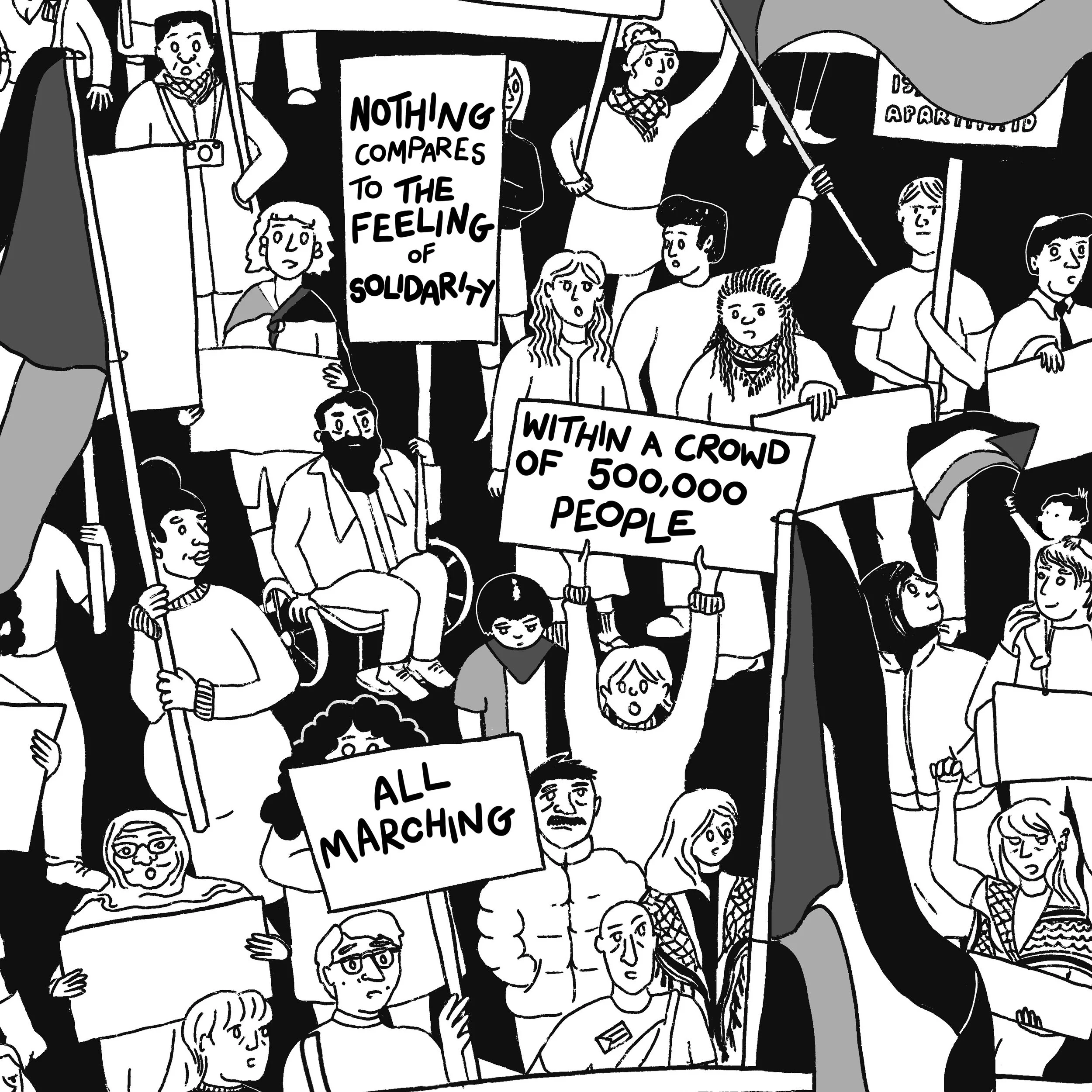 Black and white drawing of a pro-Palestine protest